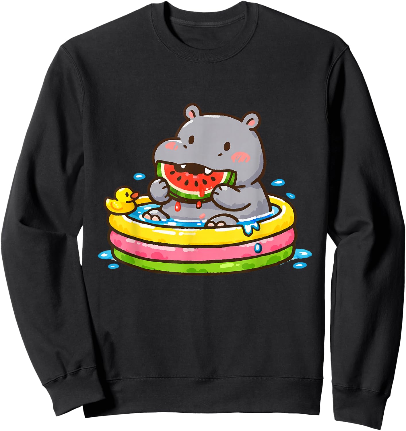 Hippo Eating Watermelon in Pool Funny Cartoon Sweatshirt - Sweatshirt | Black
