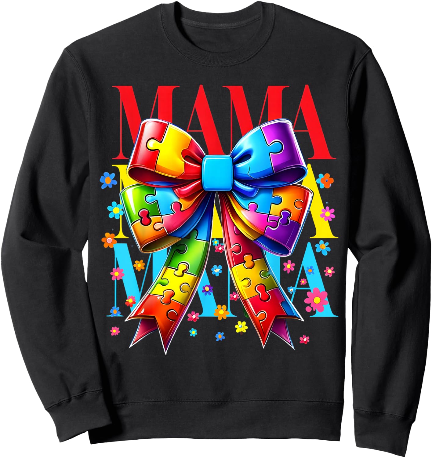 Autism Mom Puzzle Piece Coquette Bow Ribbon Autism Mama Kids Sweatshirt - Sweatshirt | Black