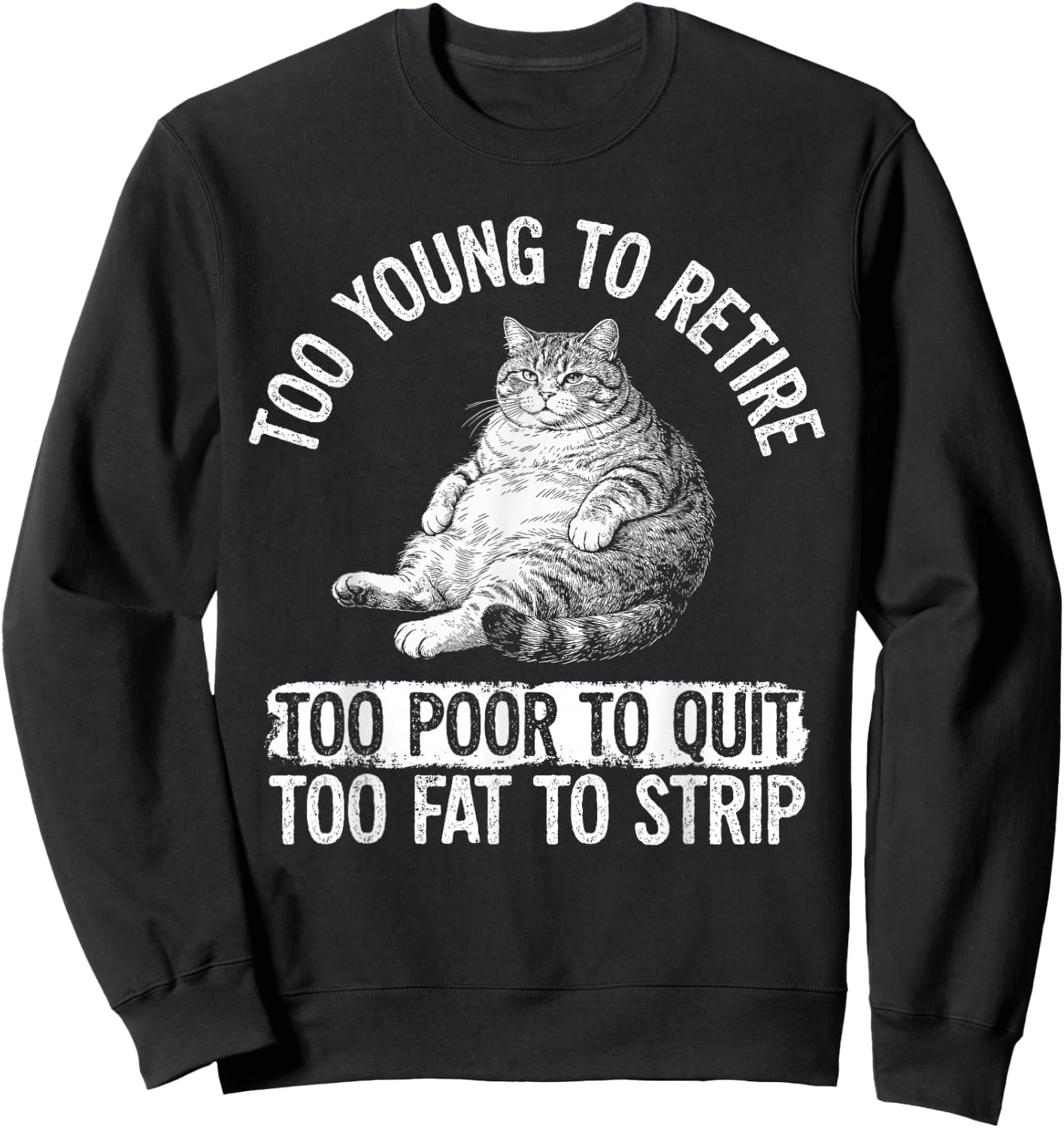 Funny Fat Cat Too Young to Retire Work Humor Sweatshirt - Sweatshirt | Black