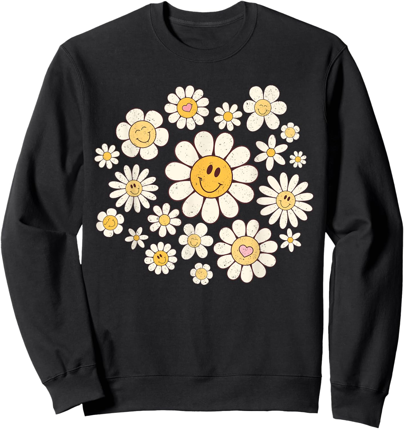 Vintage Cute Smile Face Flower Happy Face Flowers Heart Girl Sweatshirt - Sweatshirt | Black