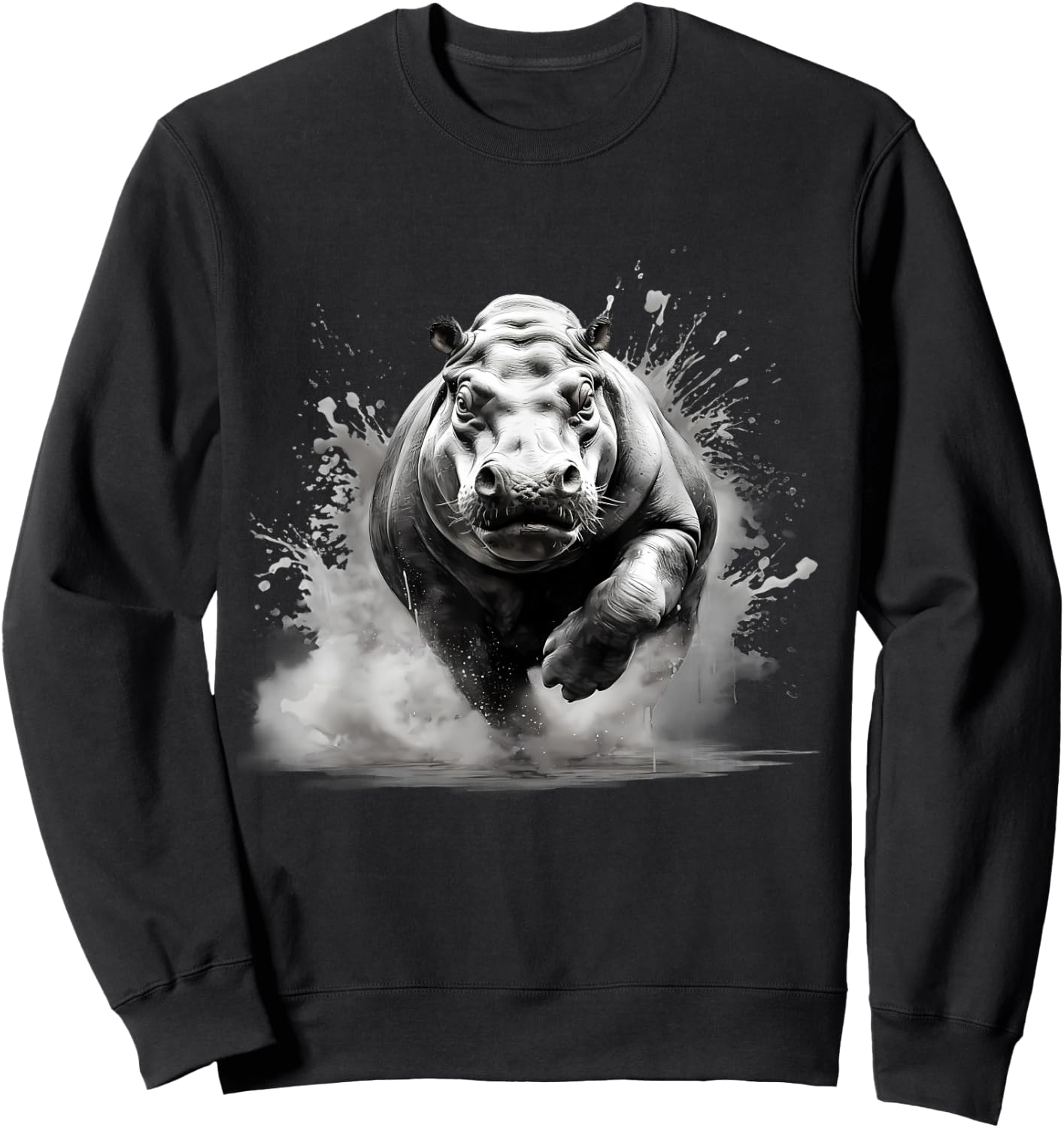 Hippo Portrait Drawing Nature Animal Art Hippopotamus Splash Sweatshirt - Sweatshirt | Black