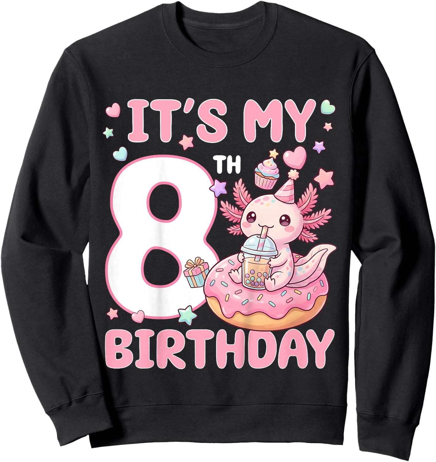 It's My 8th Birthday Axolotl Bubble Boba Tea Anime 8 Years Sweatshirt - Sweatshirt | Black