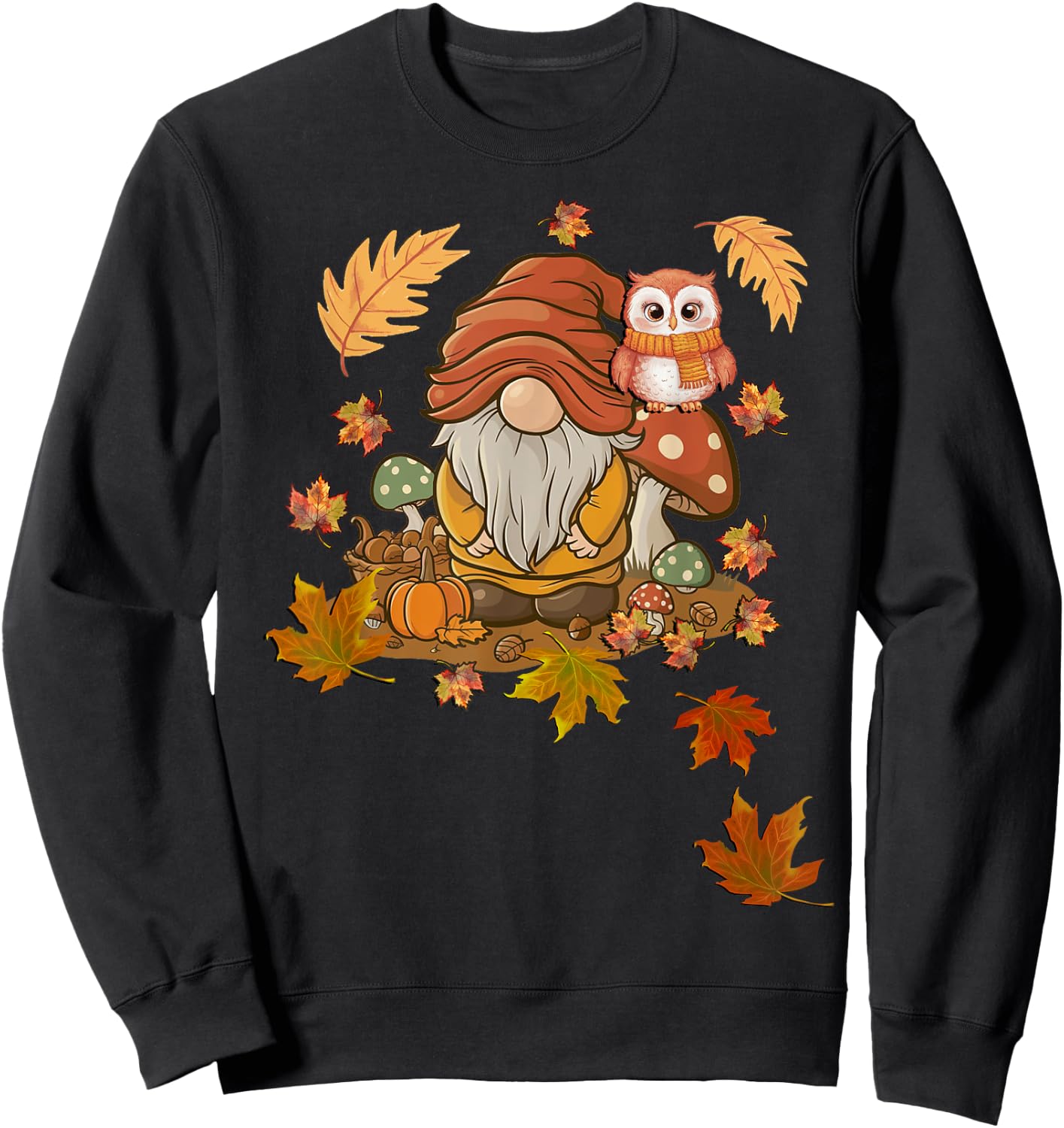 Autumn Season Design Leaves, Owls and Cute Fall Gnome Sweatshirt - Sweatshirt | Black
