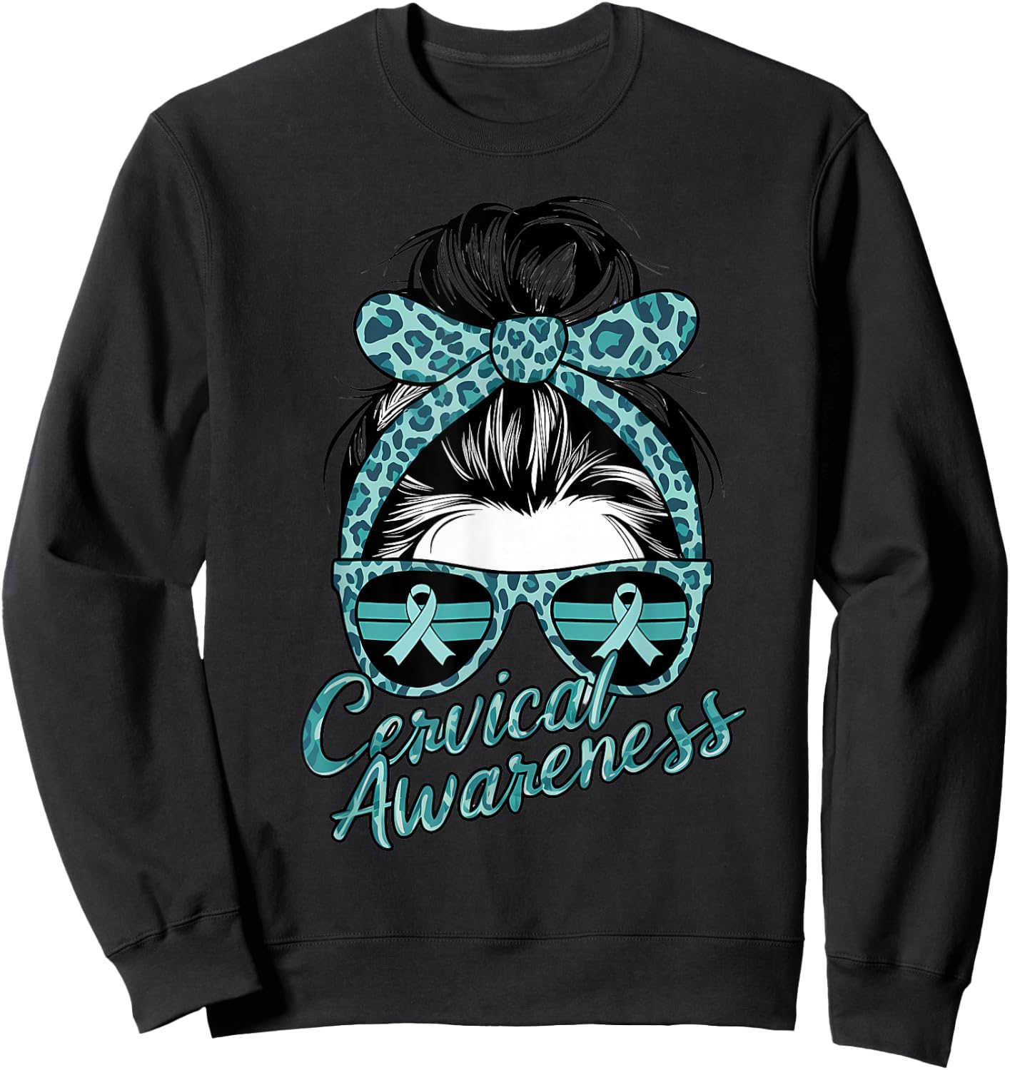 Cervical Cancer Awareness Scarf Leopard Girl Teal Ribbon Sweatshirt - Sweatshirt | Black