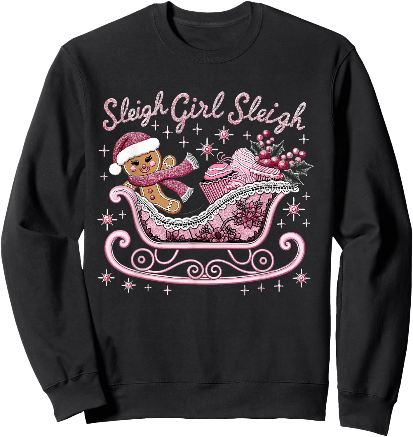 Groovy Pink Christmas Candy Sleigh Girl Gingerbread Holiday Sweatshirt - Sweatshirt | Black