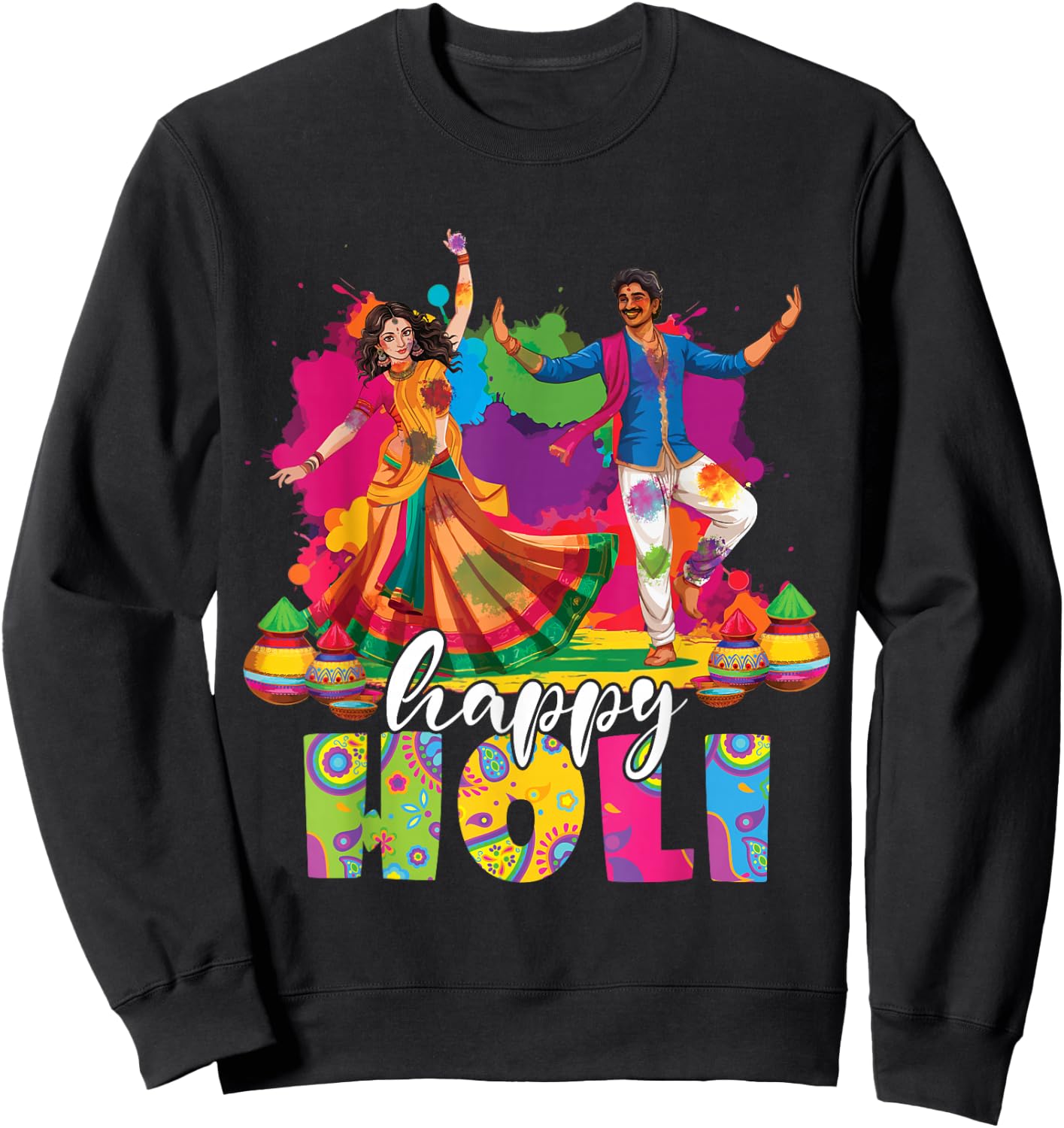 Happy Holi Indian Dancing Spring Holi Festival Of Colors Sweatshirt - Sweatshirt | Black