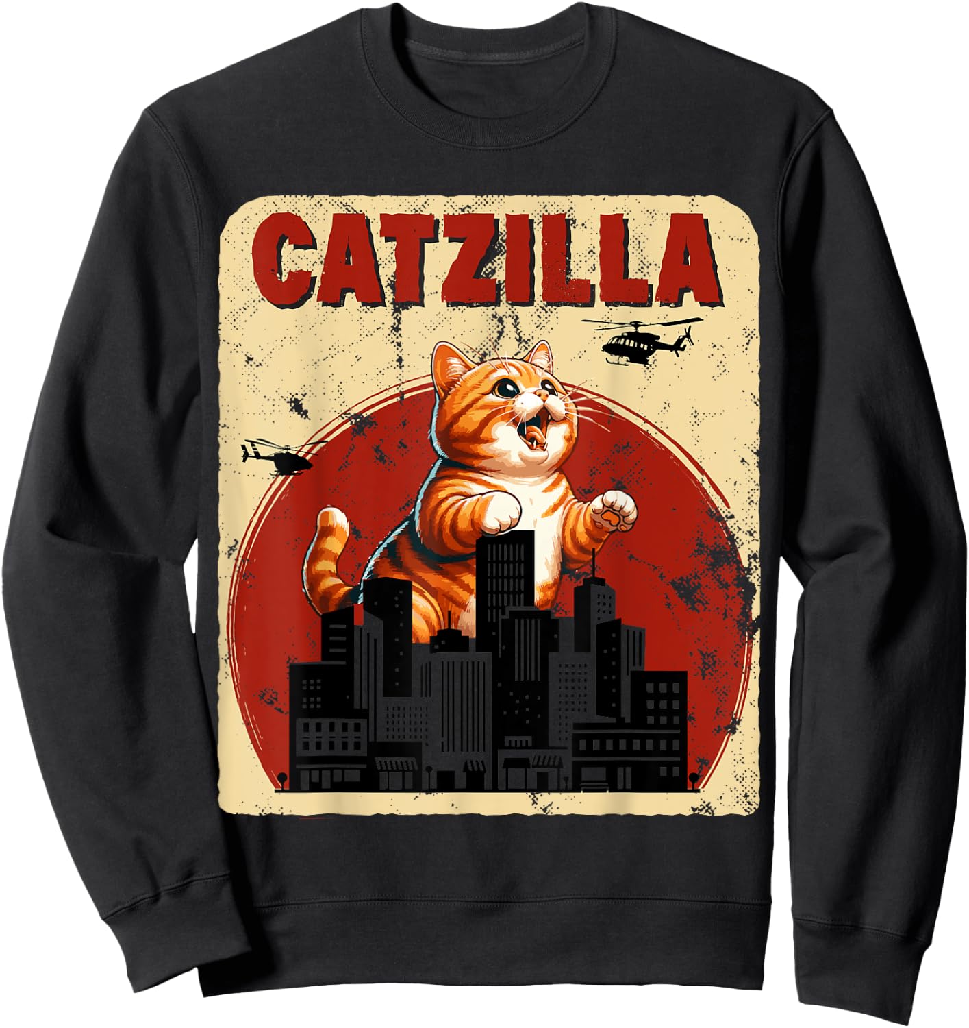 Catzilla Funny Giant Orange Tabby Cute Classic Japanese Film Sweatshirt - Sweatshirt | Black