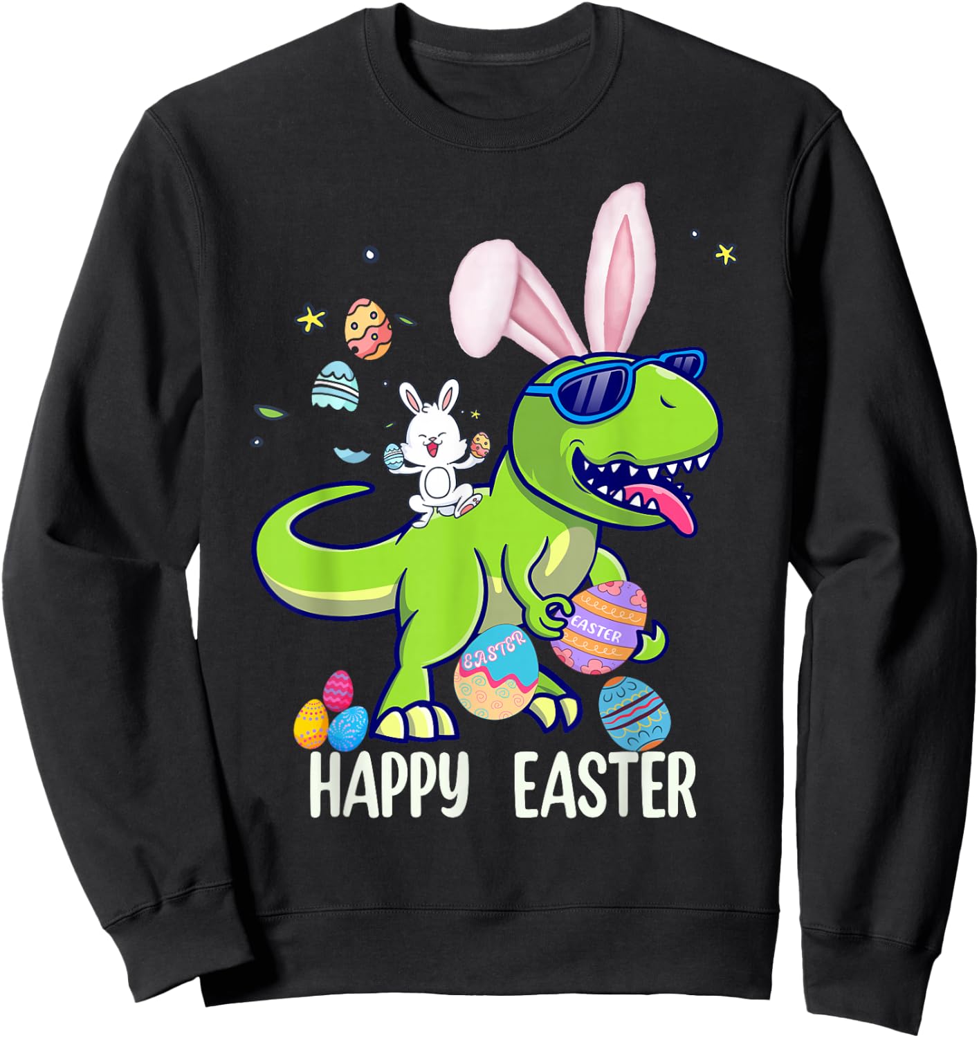 Happy Easter Dino Shirts Kids Funny Dinosaur Bunny Eggs Sweatshirt - Sweatshirt | Black