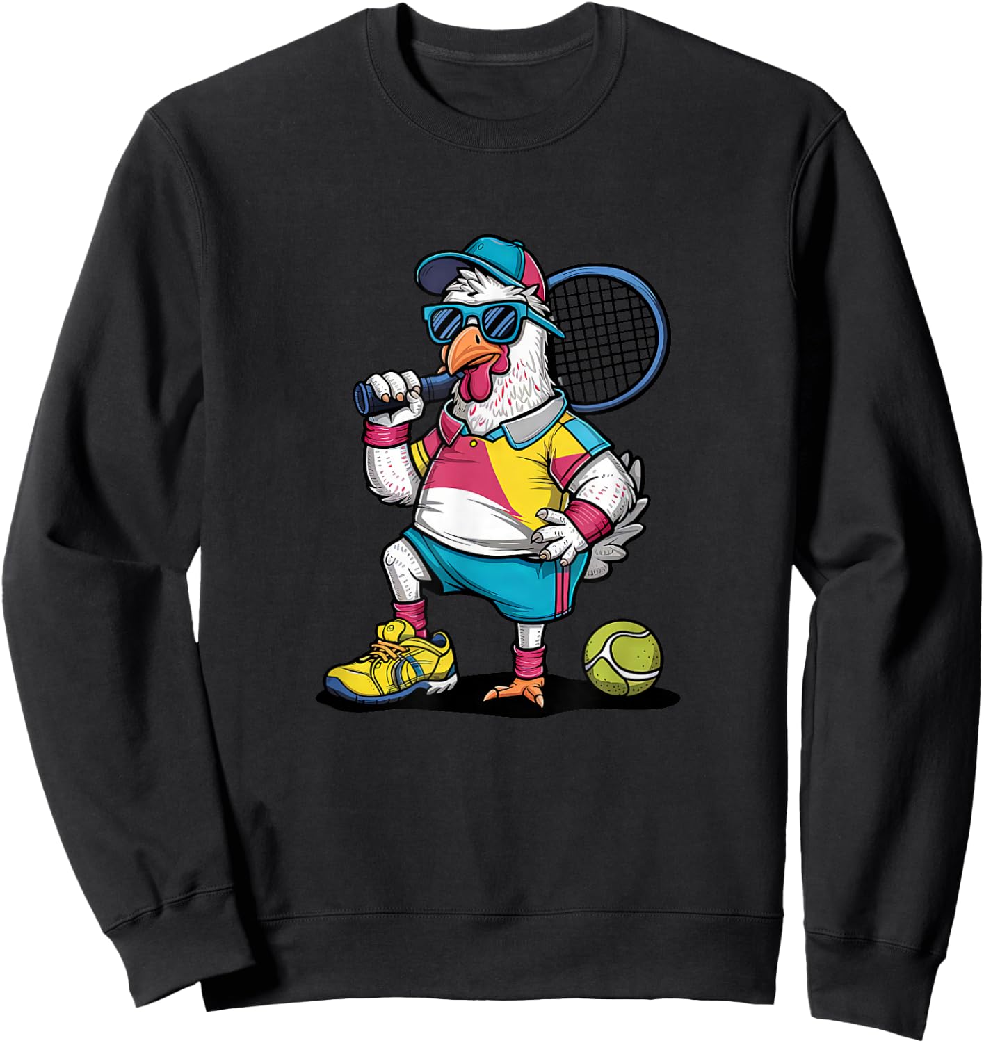 Tennis Rooster Funny Sports Animal Cartoon Art Design Sweatshirt - Sweatshirt | Black