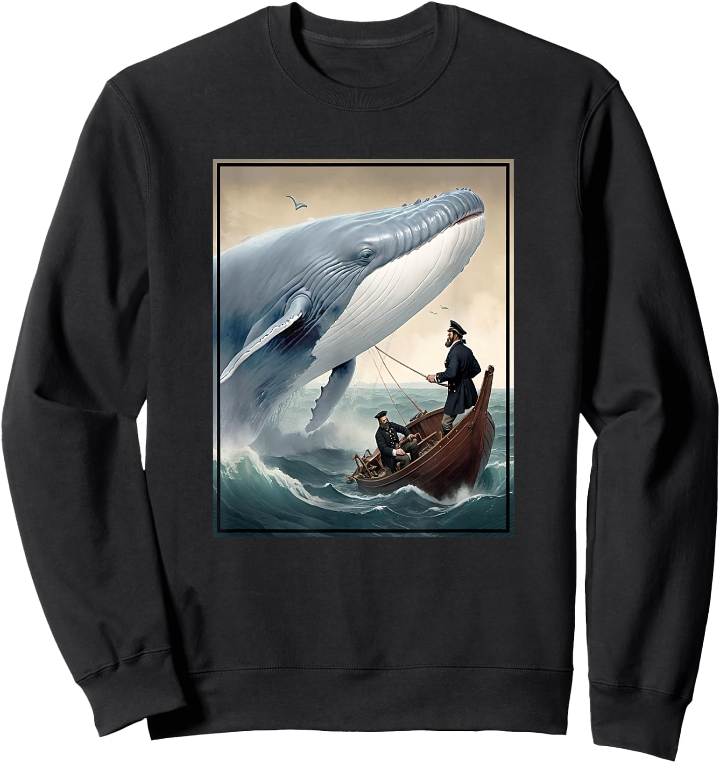 Captain Ahab and Moby Dick Final Battle Illustration Sweatshirt - Sweatshirt | Black