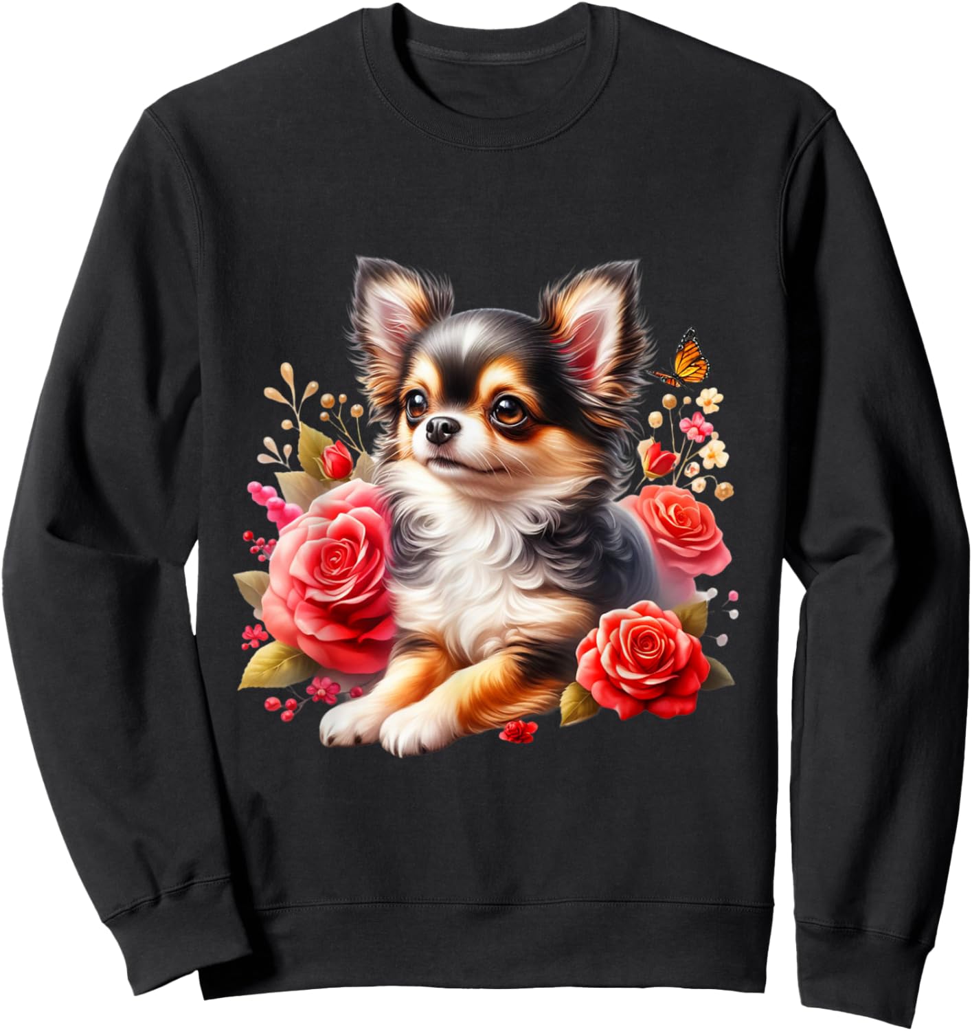 Chihuahua Floral Watercolor Adorable Long Hair Chihuahua Sweatshirt - Sweatshirt | Black