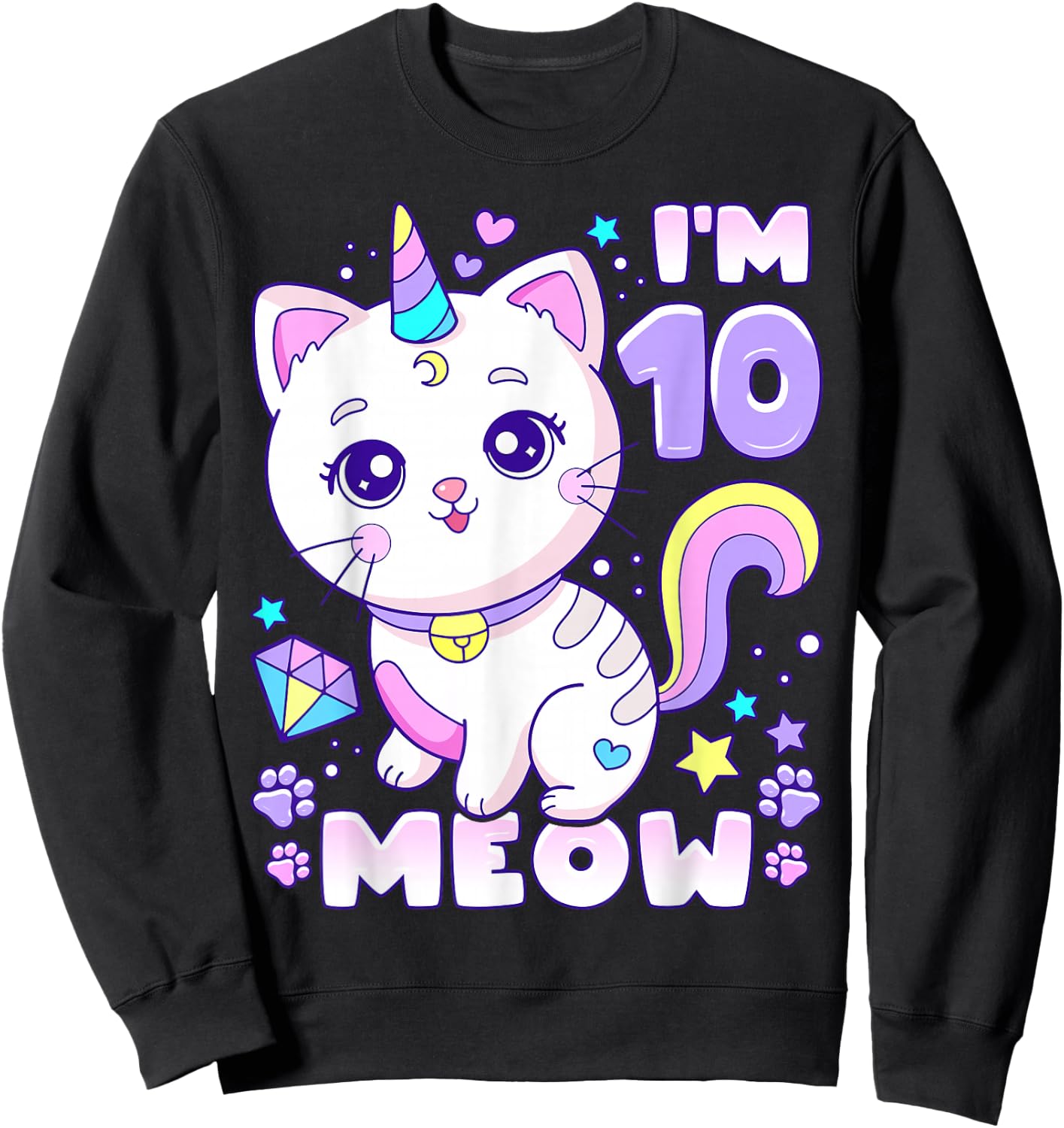 Birthday girl 10 years old, cat, unicorn, 10th birthday Sweatshirt - Sweatshirt | Black