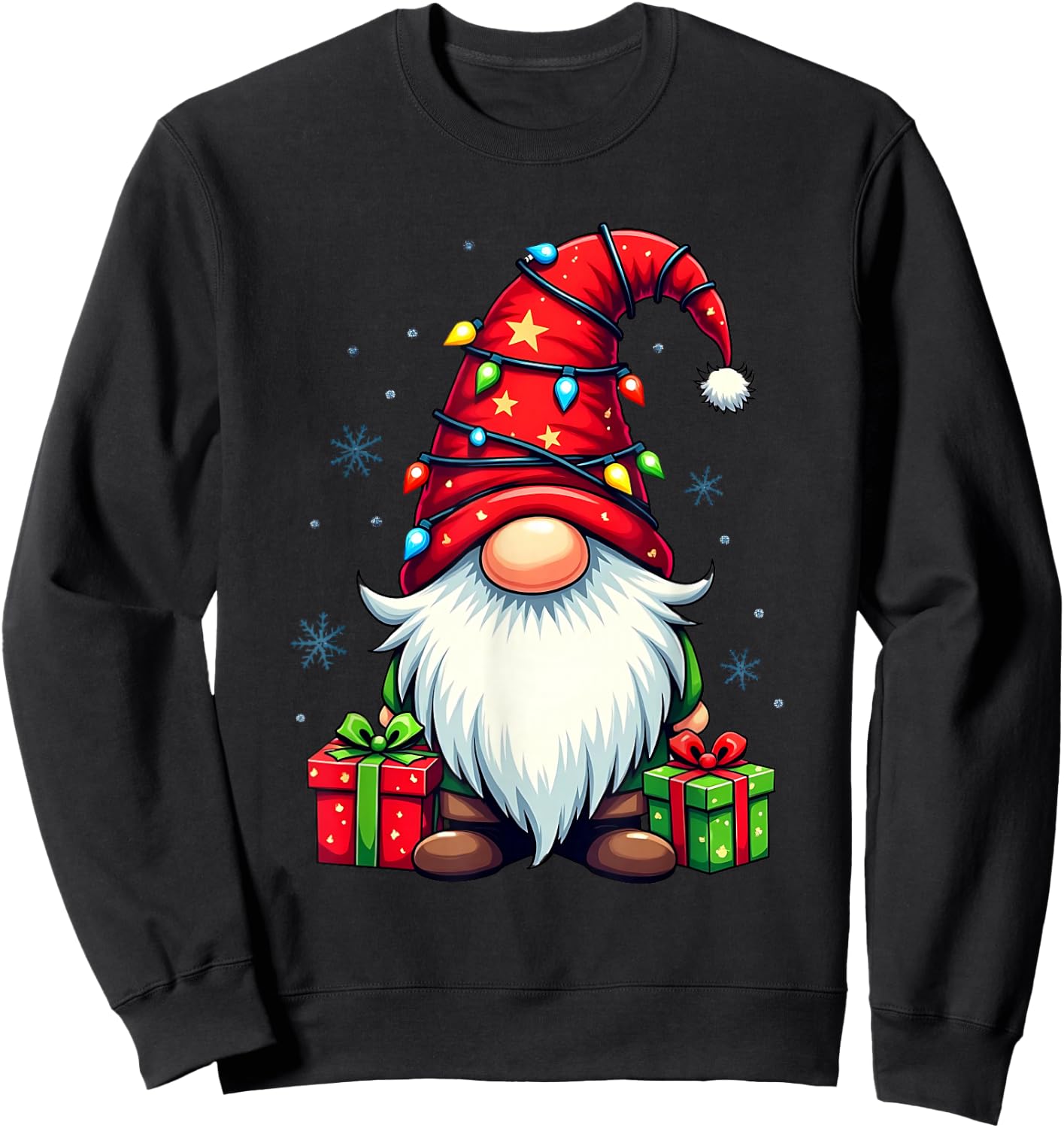 Festive Christmas Gnome with Lights and Snowflakes , black Sweatshirt - Sweatshirt | Black