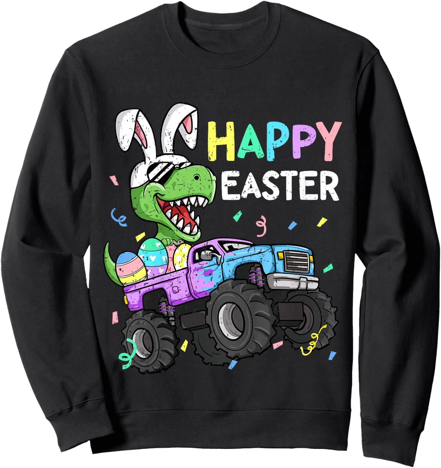 Kids Boys Happy Easter T-Rex Bunny Monster Truck Rabbit Ears Sweatshirt - Sweatshirt | Black