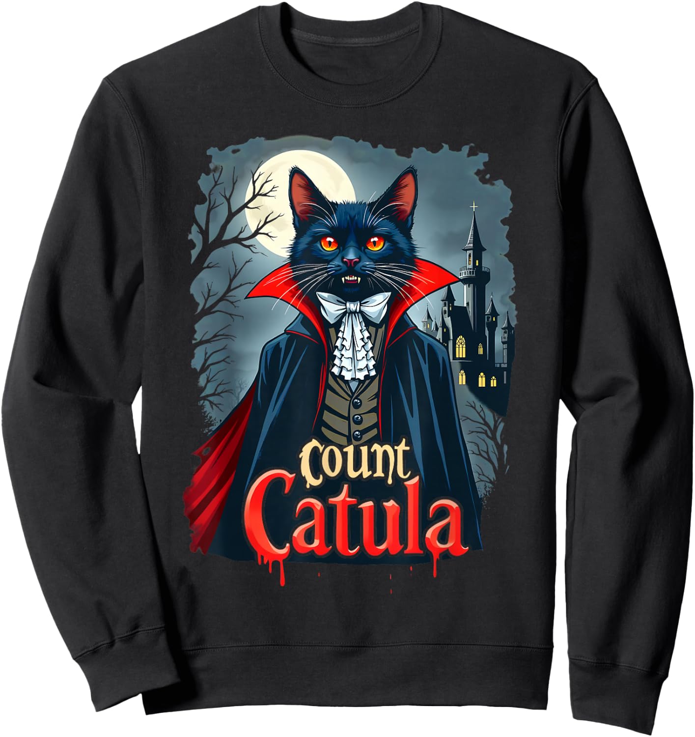 Count Catula Dracula Spooky Horror Vampire Cat Halloween Sweatshirt - Sweatshirt | Black