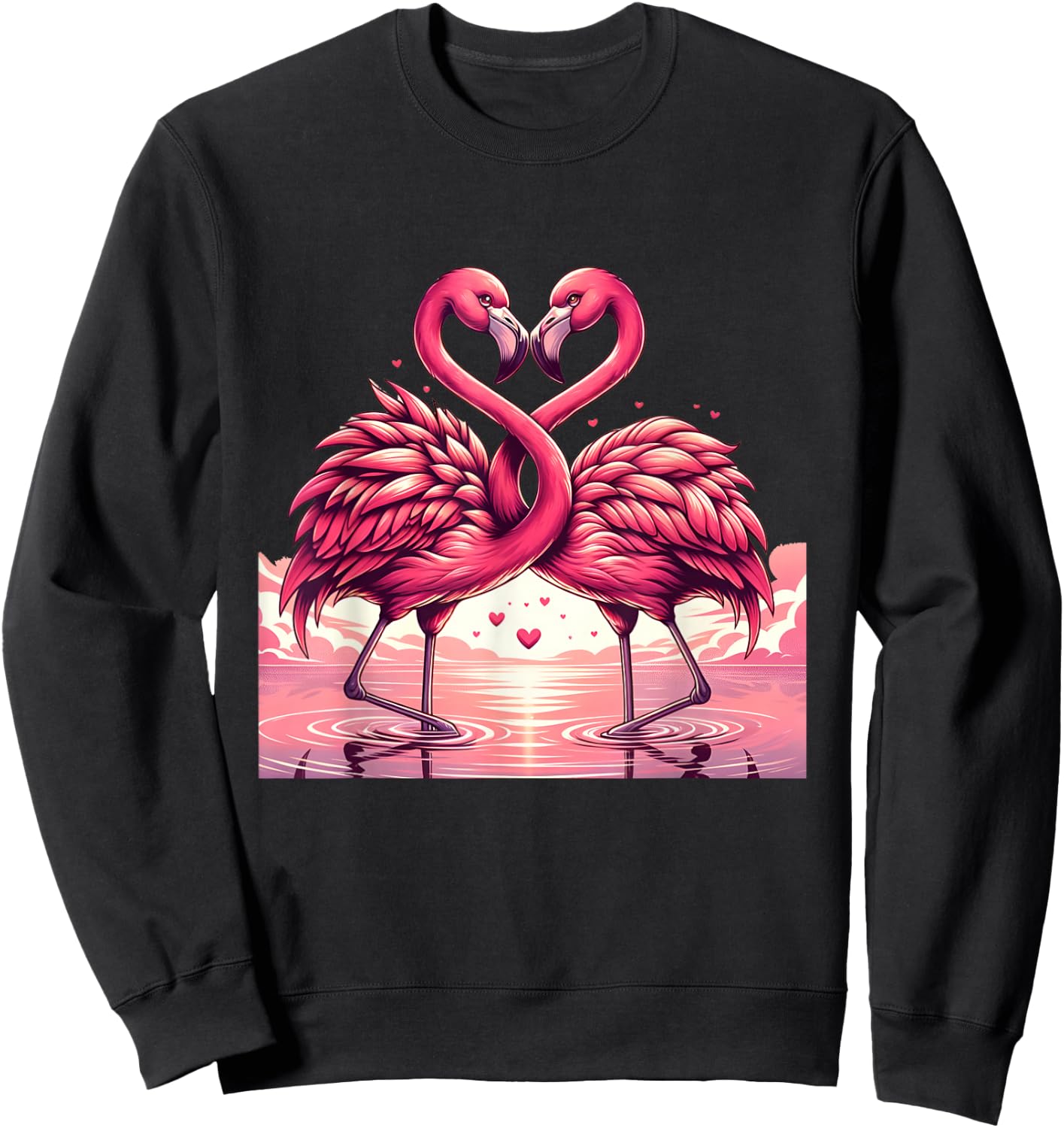 Adorable Flamingo Pair Embrace Valentine Hearts Sweatshirt - Sweatshirt | Black