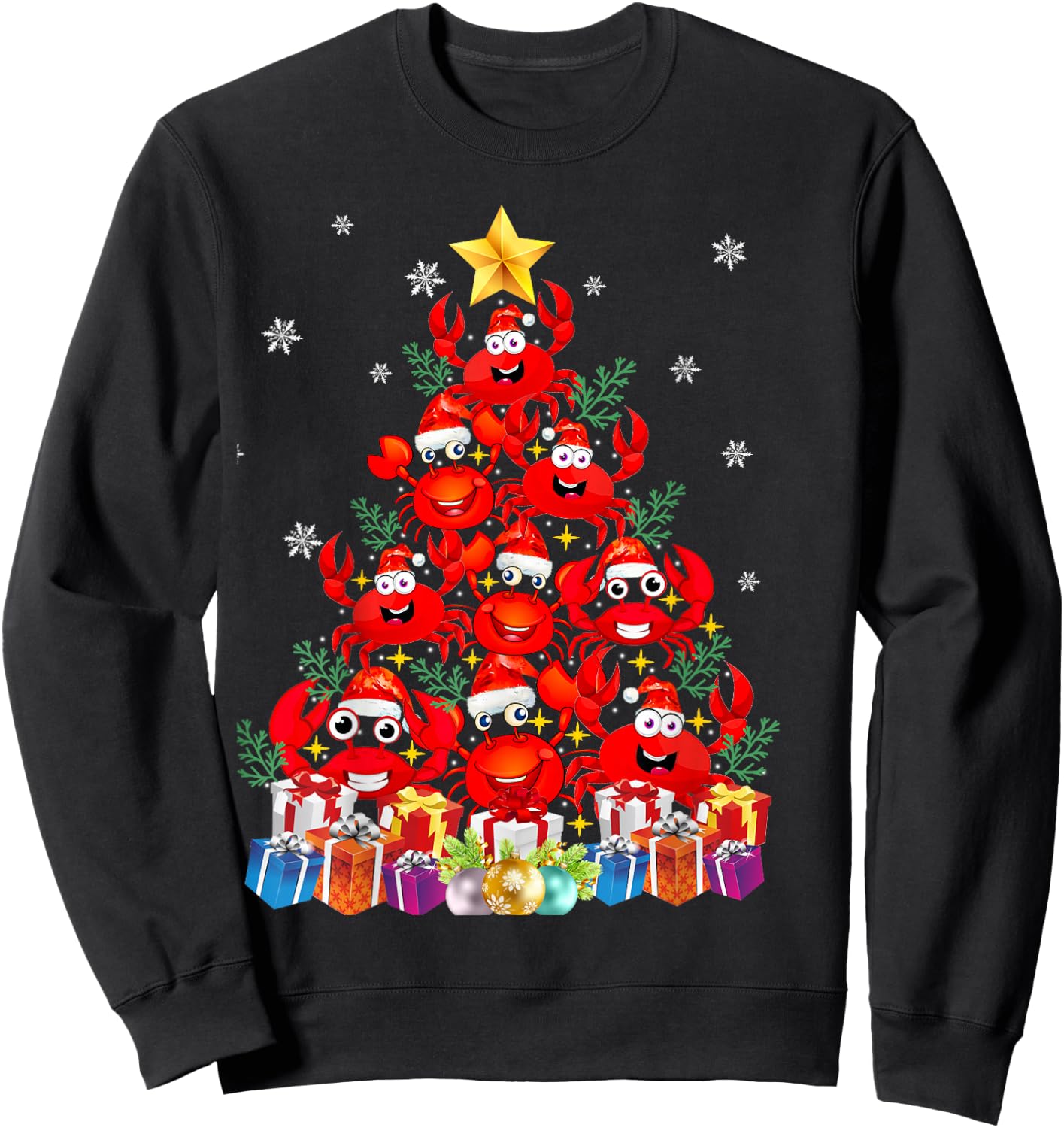 Funny Crab Christmas Tree Lights With Santa Hat Sweatshirt - Sweatshirt | Black