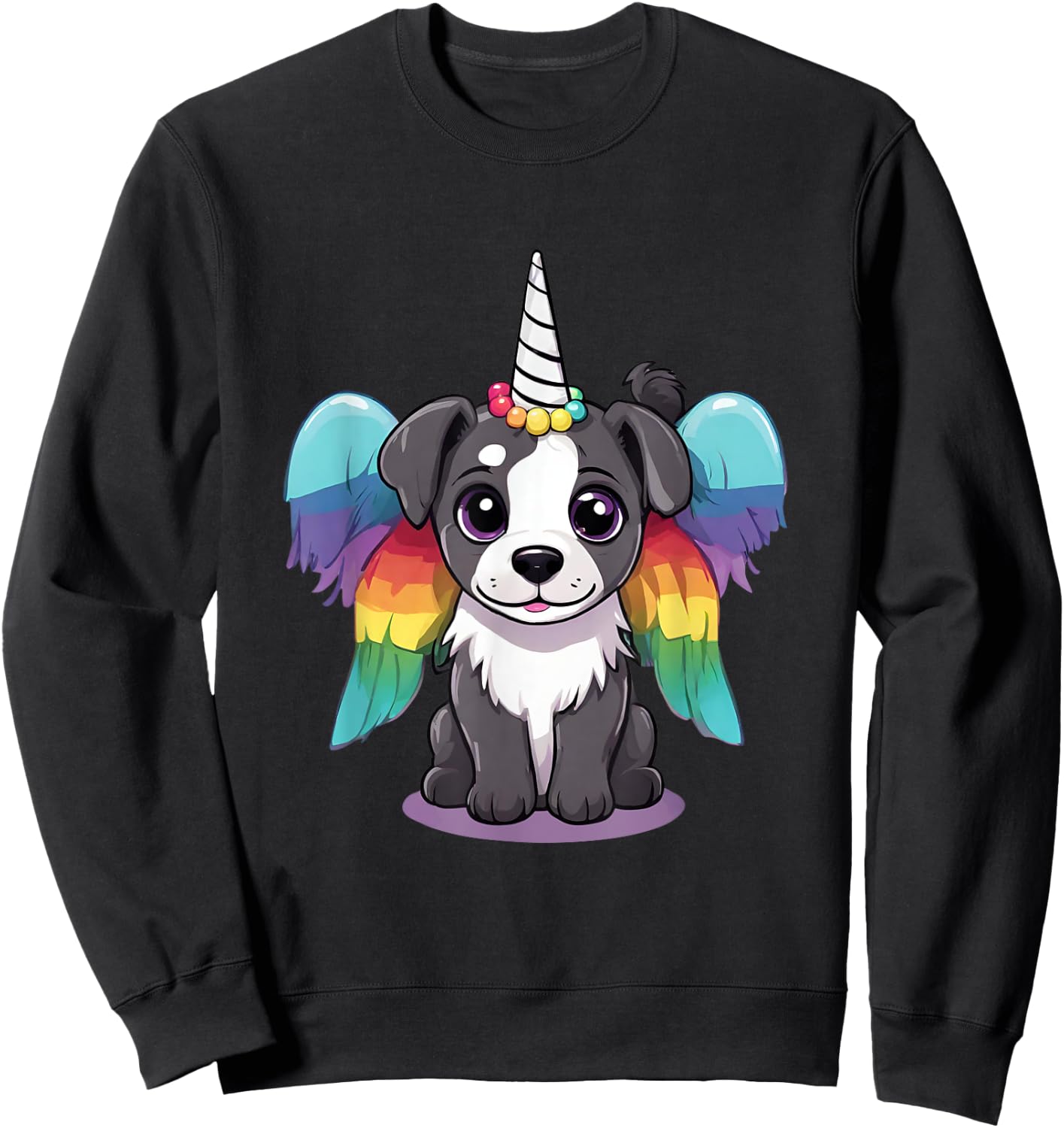 Cute Magical Unicorn Puppy Dog With Rainbow Wings Women Kids Sweatshirt - Sweatshirt | Black