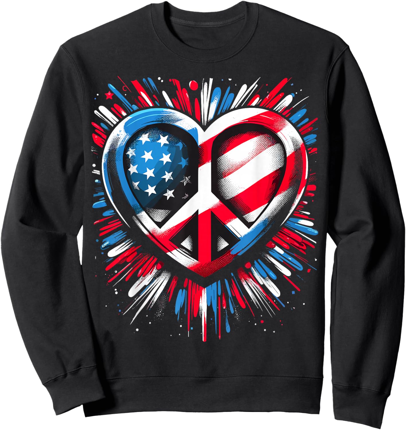 American Flag Peace Sign Heart Hippie Patriotic Sweatshirt - Sweatshirt | Black