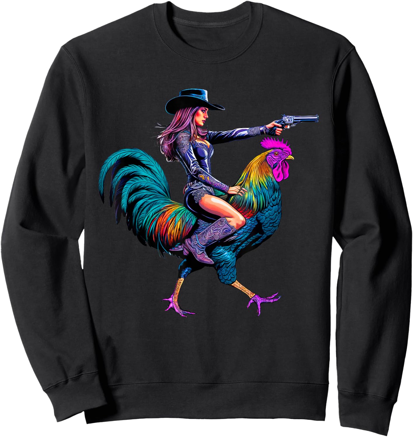 Rooster Cowboy Cowgirl Riding Chicken Whimsical Western Sweatshirt - Sweatshirt | Black
