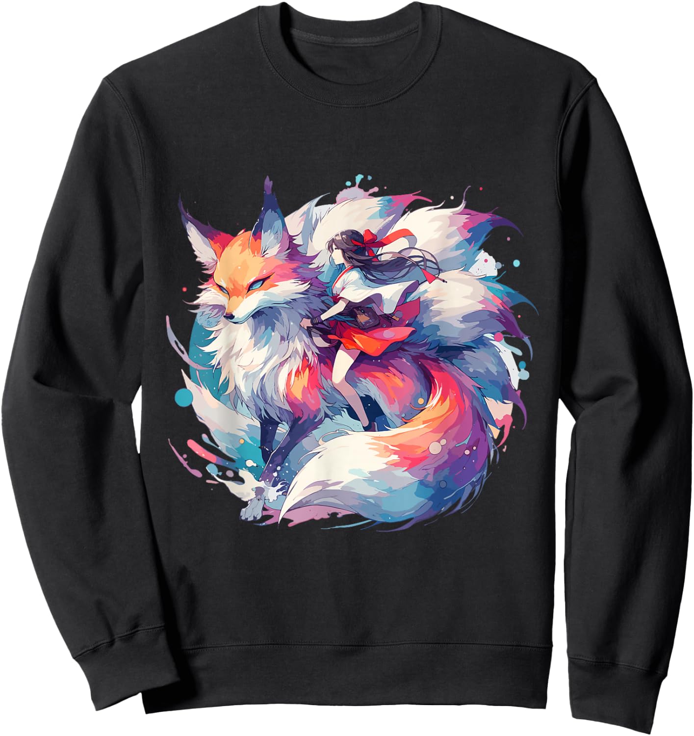 Anime Kitsune Girl On Nine-tailed Fox Sweatshirt - Sweatshirt | Black