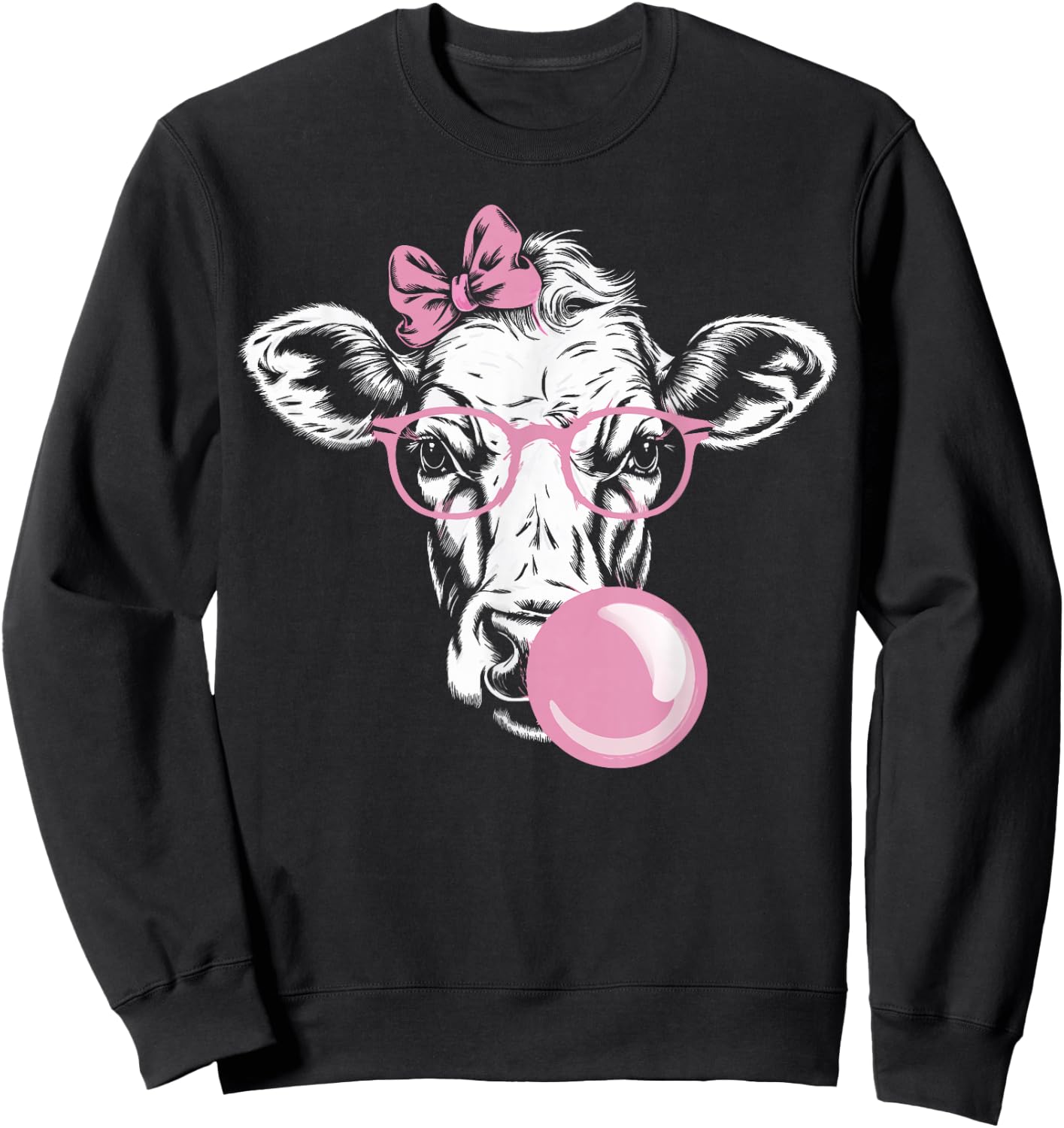 Cow Wearing Glasses and Blowing Pink Bubble Gum Sweatshirt - Sweatshirt | Black