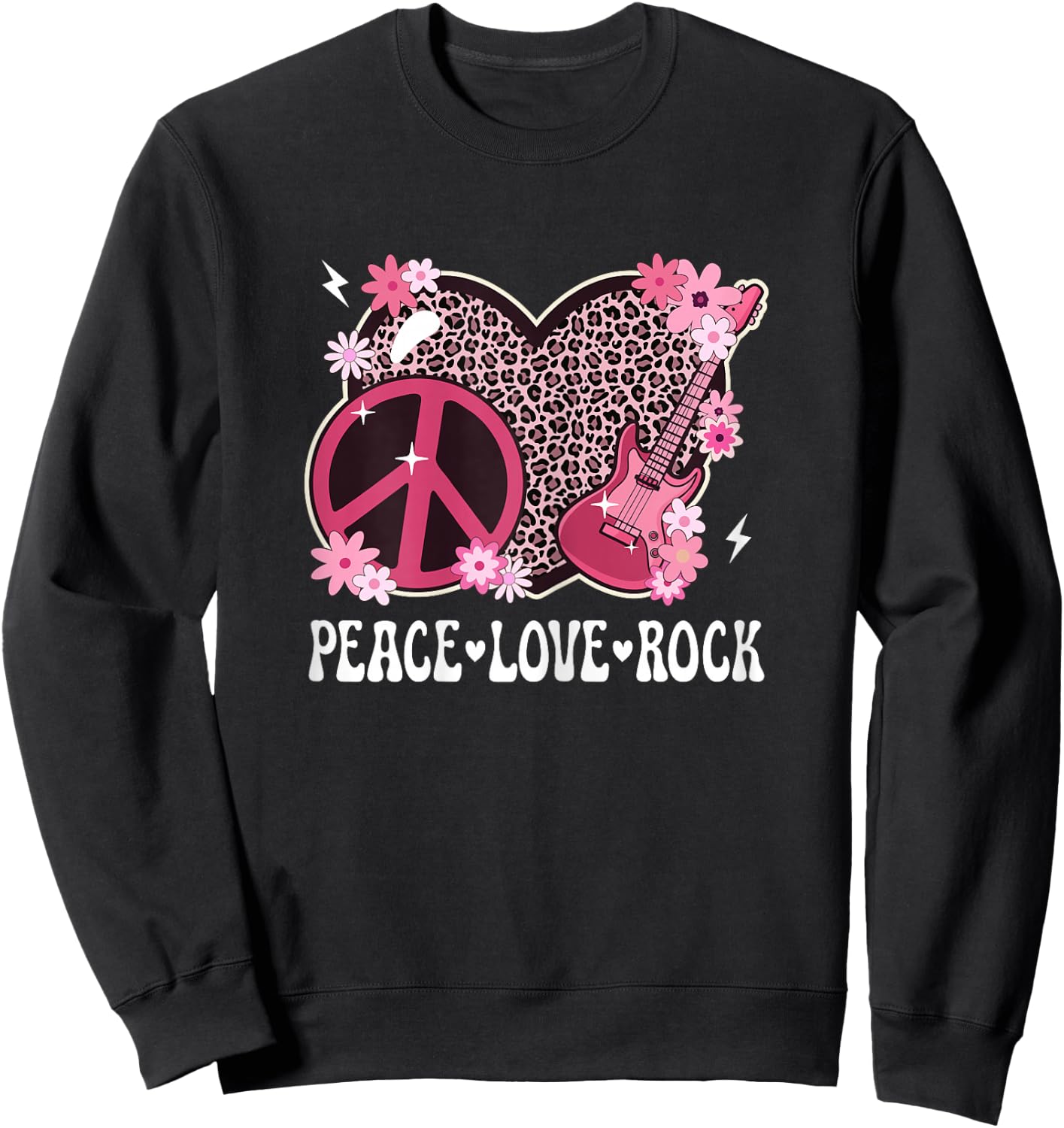 Peace Love Rock And Roll Leopard Print Women Rock Outfit Sweatshirt - Sweatshirt | Black