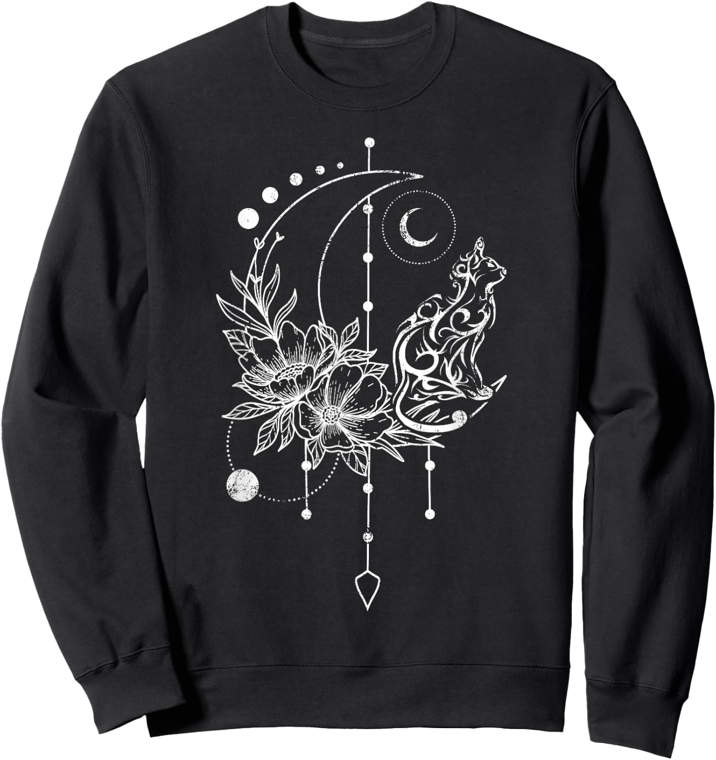 Katze mit Halbmond, Traumfänger und Blumen Sweatshirt - Sweatshirt | Black