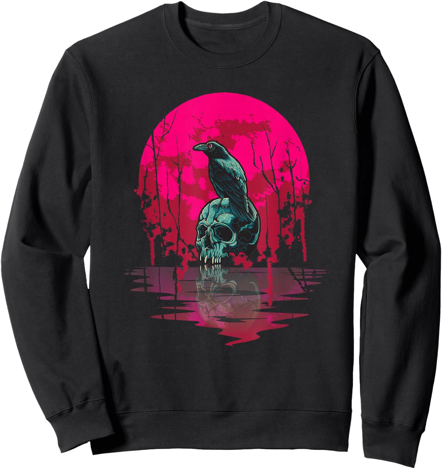 Gothic Raven Skull Red Moon Black Crow Sweatshirt - Sweatshirt | Black