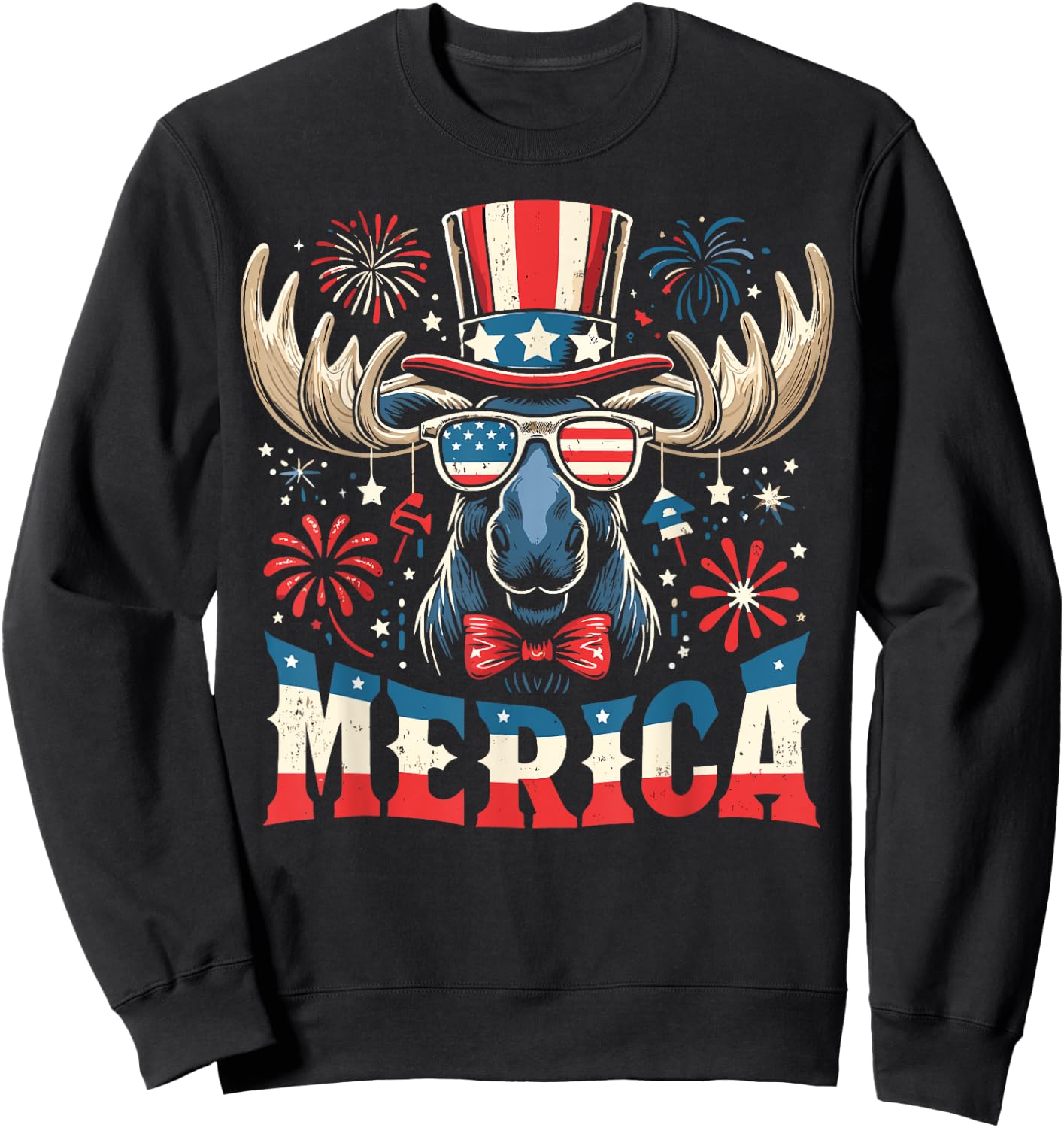 Patriotic Moose USA Flag 4th of July Moose Women Men Merica Sweatshirt - Sweatshirt | Black