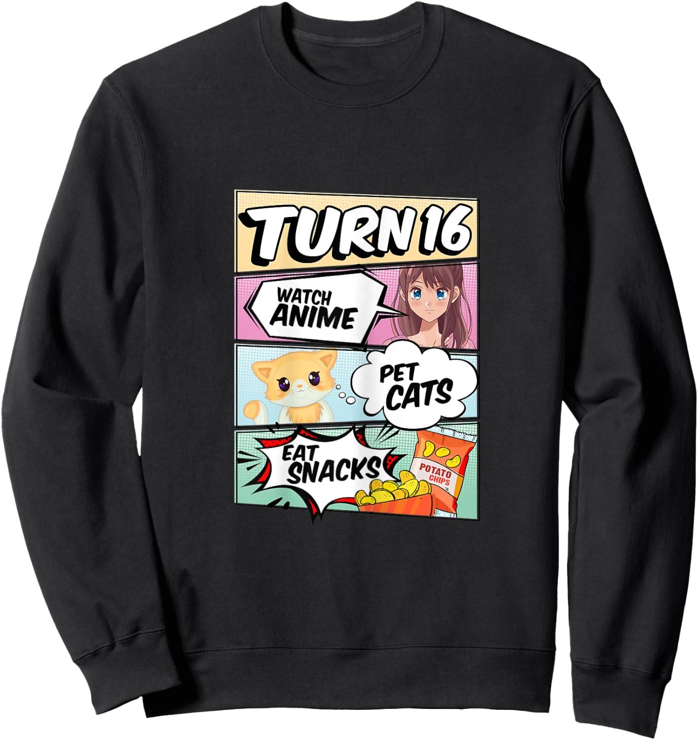 16th Birthday Anime Girl turns 16 pet cats watch anime Sweatshirt - Sweatshirt | Black