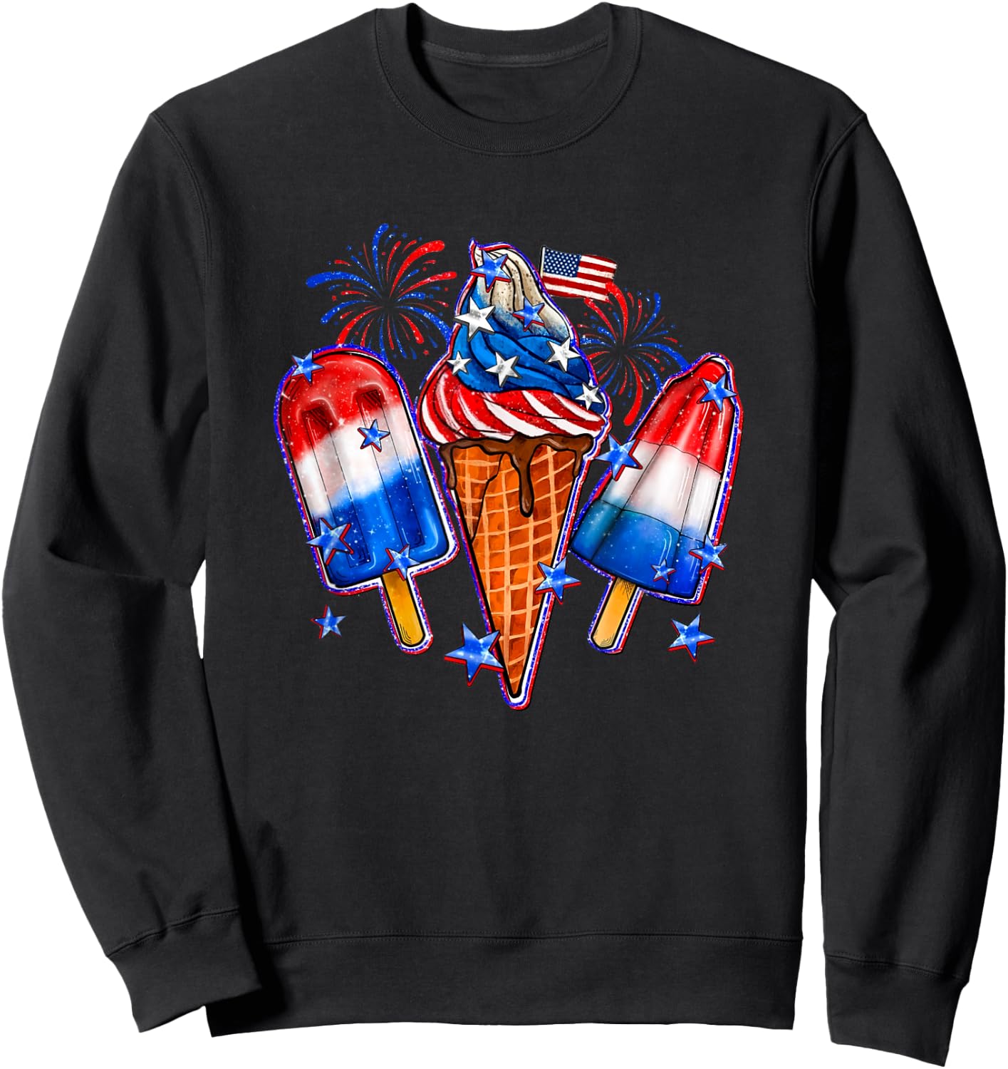 Blue Red White Ice Cream American Flag 4th Of July Men Women Sweatshirt - Sweatshirt | Black