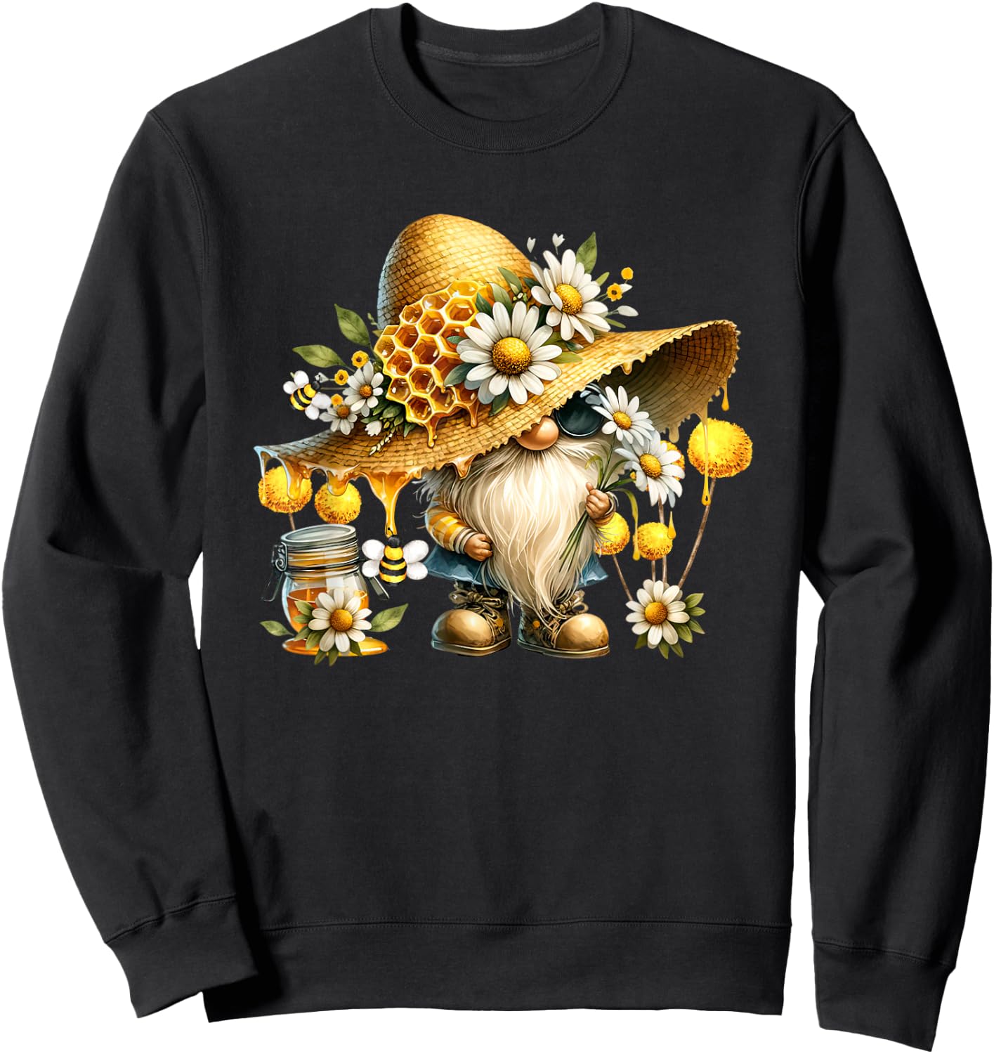 Funny Summer Graphic Bee Lover Daisy Flower Gnome Sweatshirt - Sweatshirt | Black