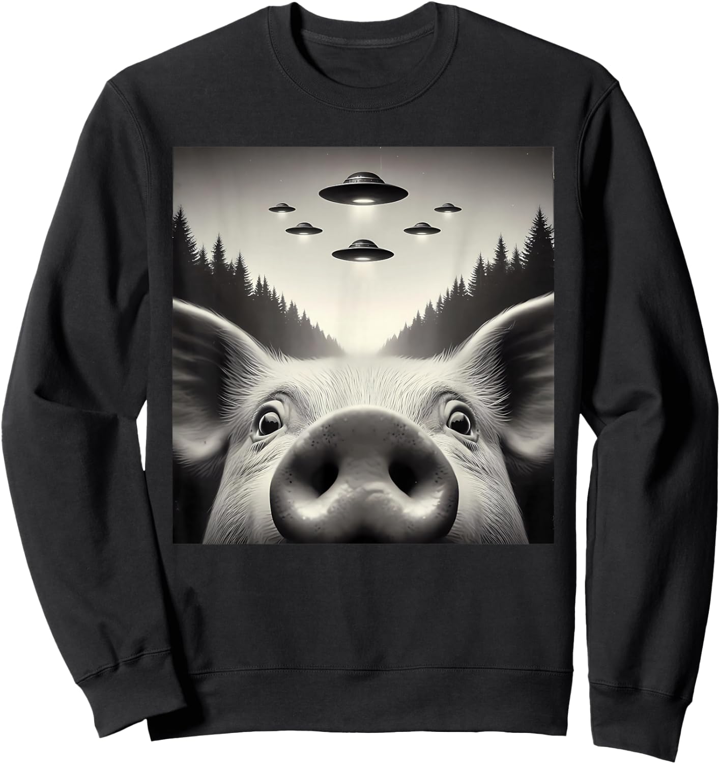 Funny Pig Selfie UFO Alien Humor Vintage Print Art Design Sweatshirt - Sweatshirt | Black