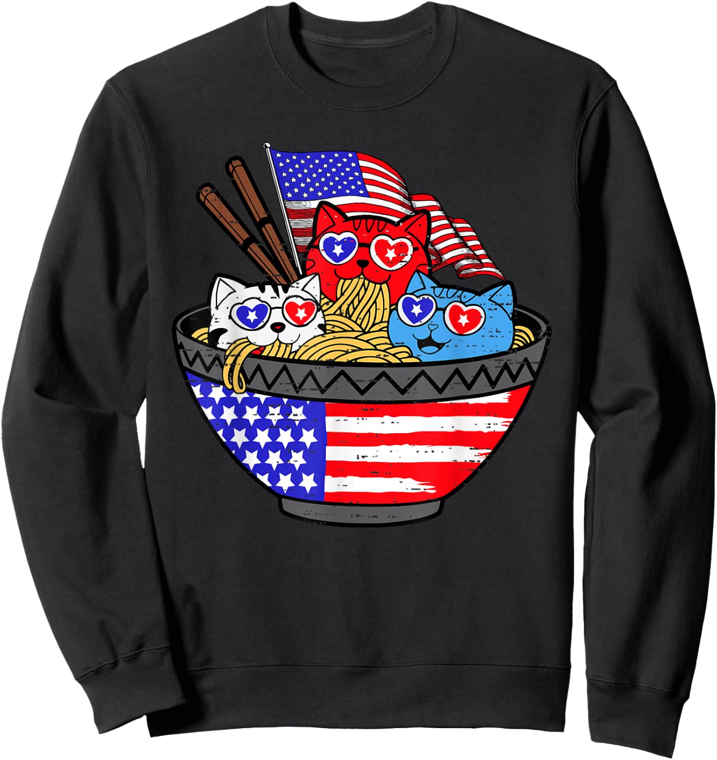 Cats Ramen Anime Kitty American Flag USA 4th of July Fourth Sweatshirt - Sweatshirt | Black