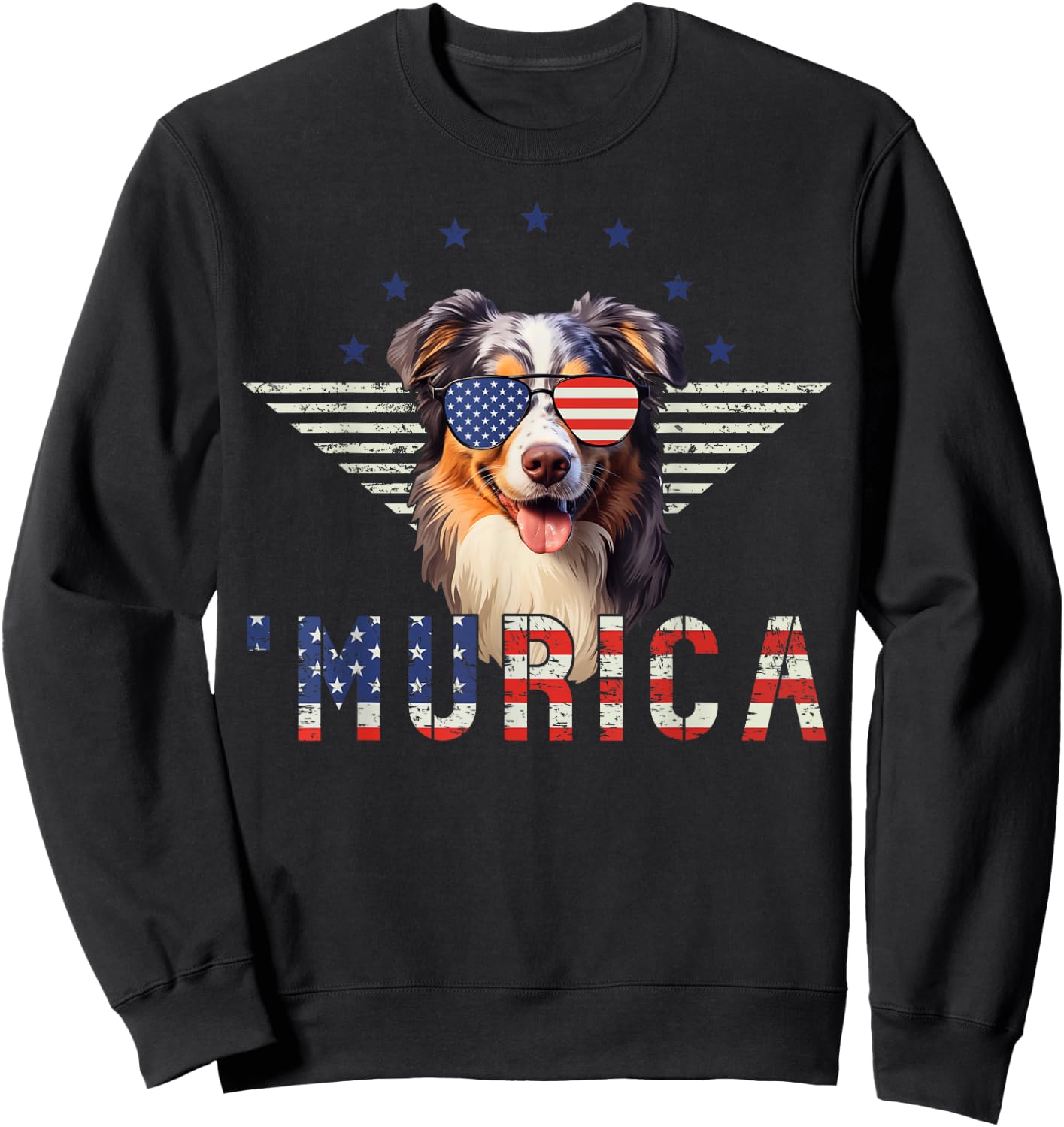 Murica Australian Shepherd Sunglasses American Flag 4th July Sweatshirt - Sweatshirt | Black