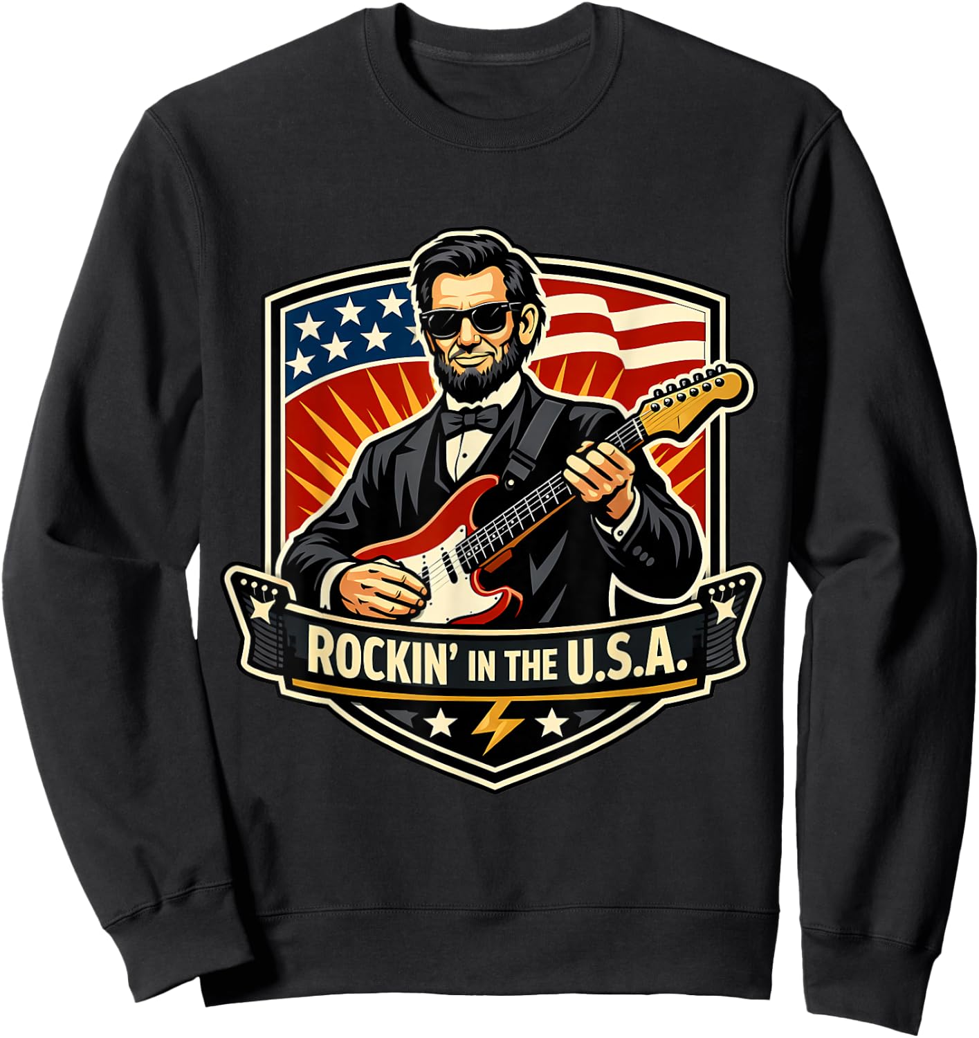 Rockin in The USA President Guitar American Independence Day Sweatshirt - Sweatshirt | Black