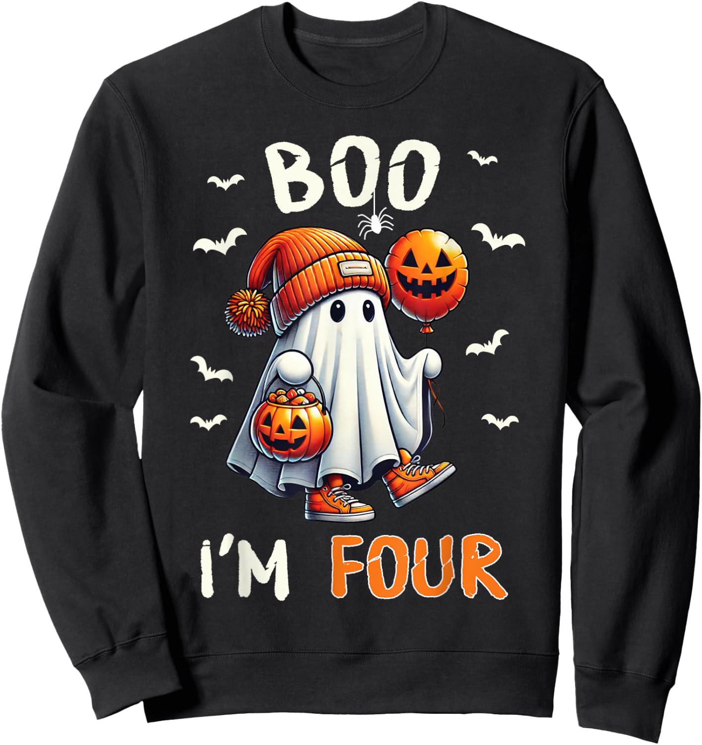 Boo I'm Four Ghost 4th Birthday Halloween Boy Kids Groovy Sweatshirt - Sweatshirt | Black