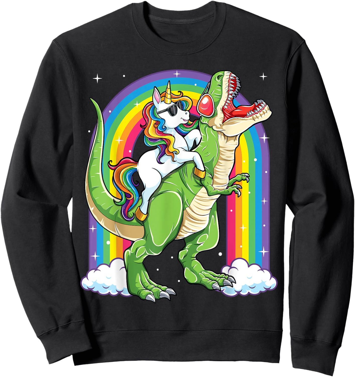 Unicorn Riding Dinosaur T rex Boys Girls Men Women Rainbow Sweatshirt - Sweatshirt | Black