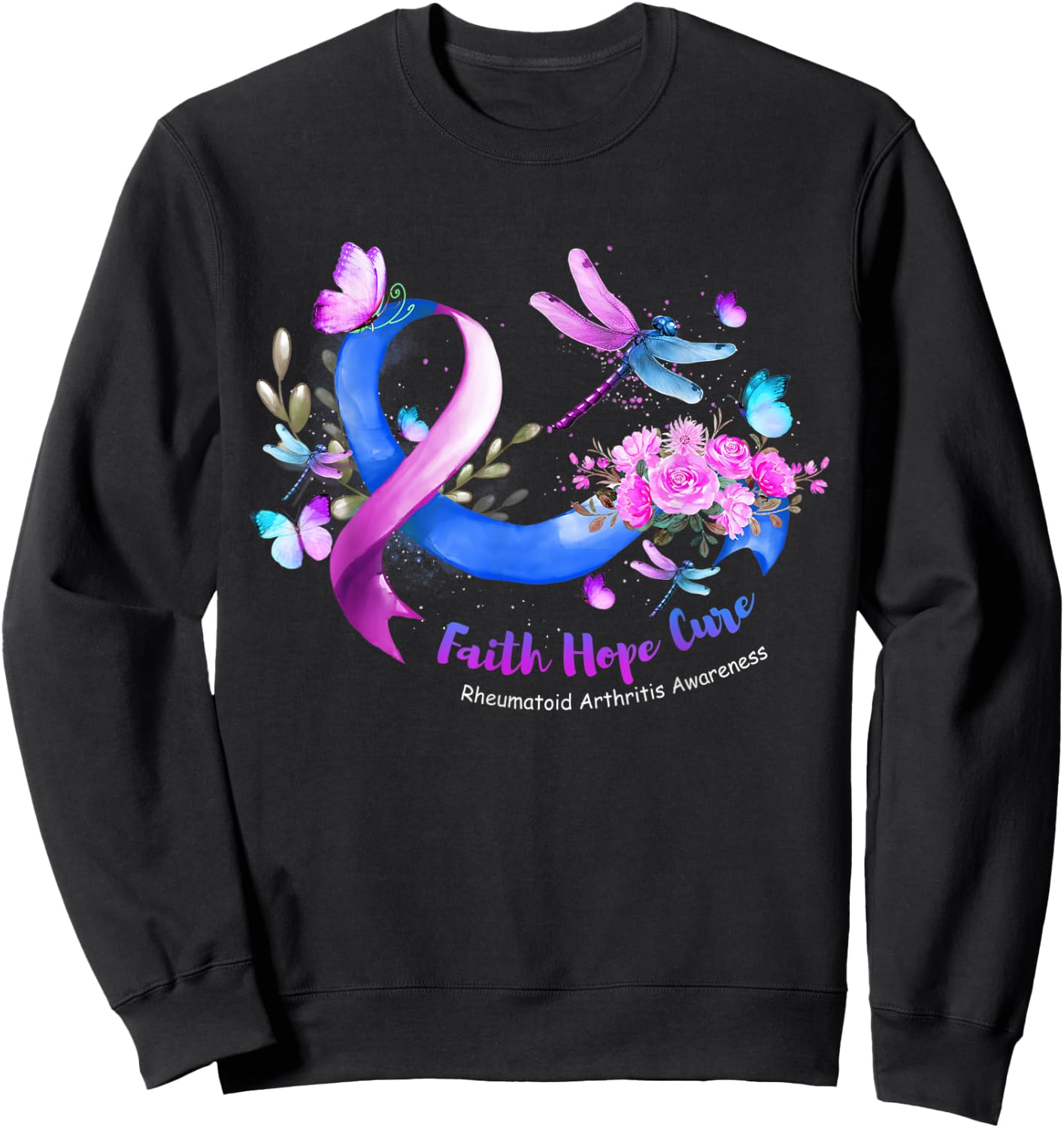 Faith Hope Cure Dragonfly Rheumatoid Arthritis Awareness Sweatshirt - Sweatshirt | Black