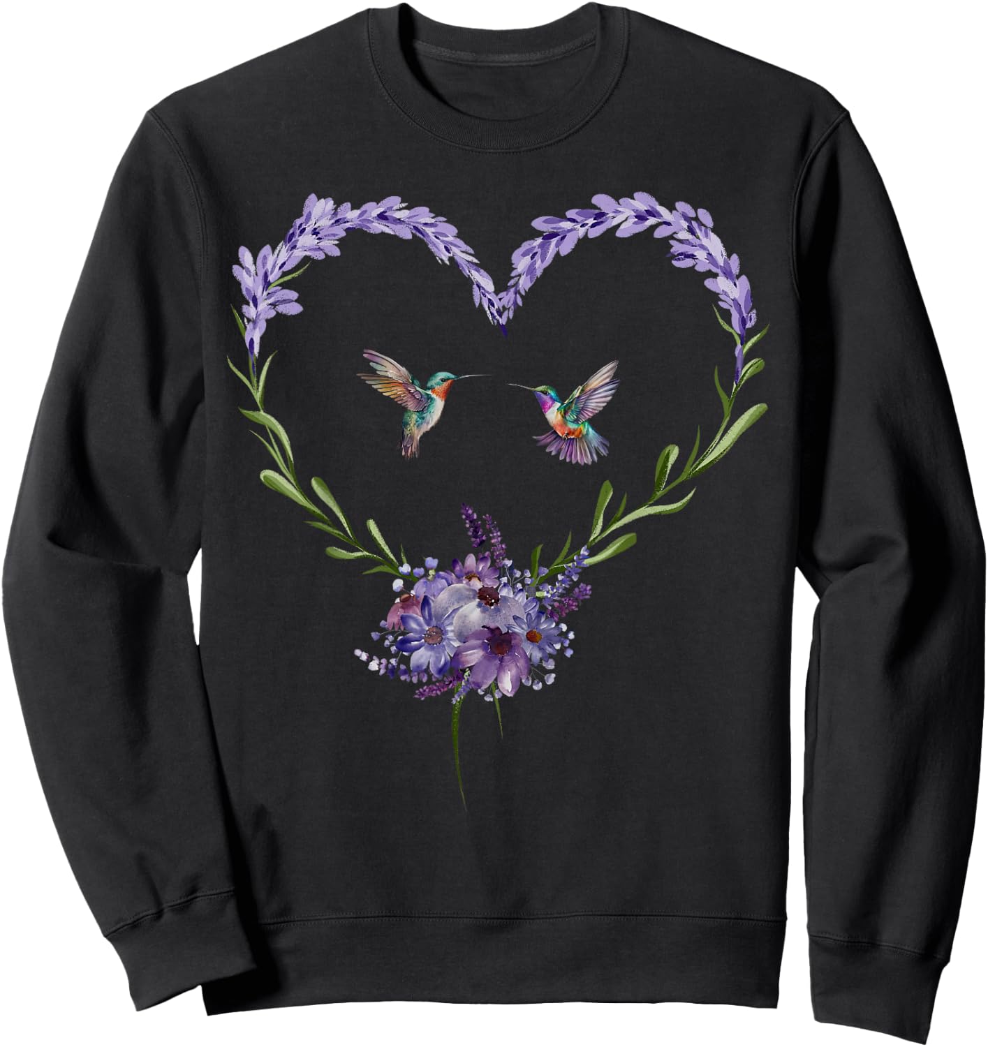 Hummingbird Lavender Flower Heart Botanical Nature Lover Sweatshirt - Sweatshirt | Black