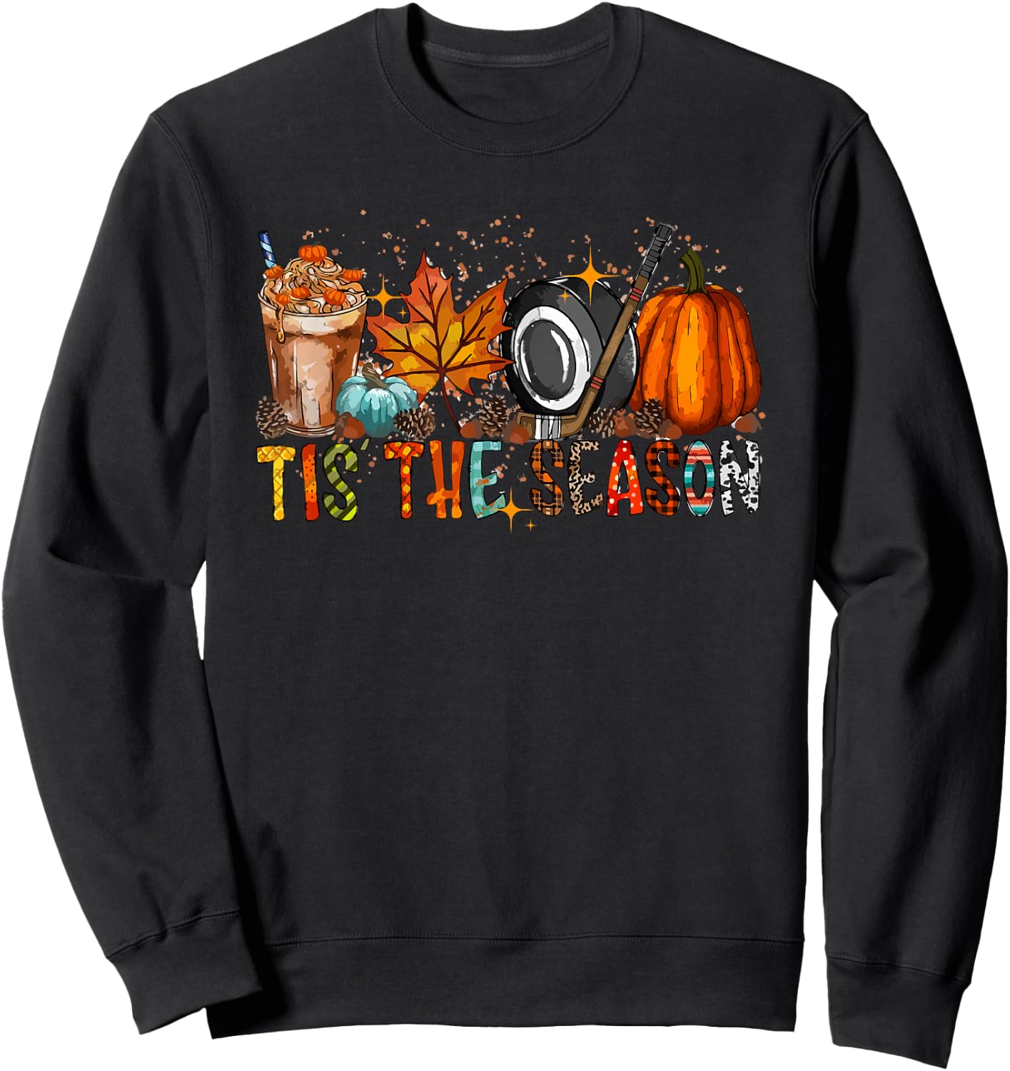 Tis Season Hockey Latte Leaves Hello Pumpkin Halloween Sweatshirt - Sweatshirt | Black