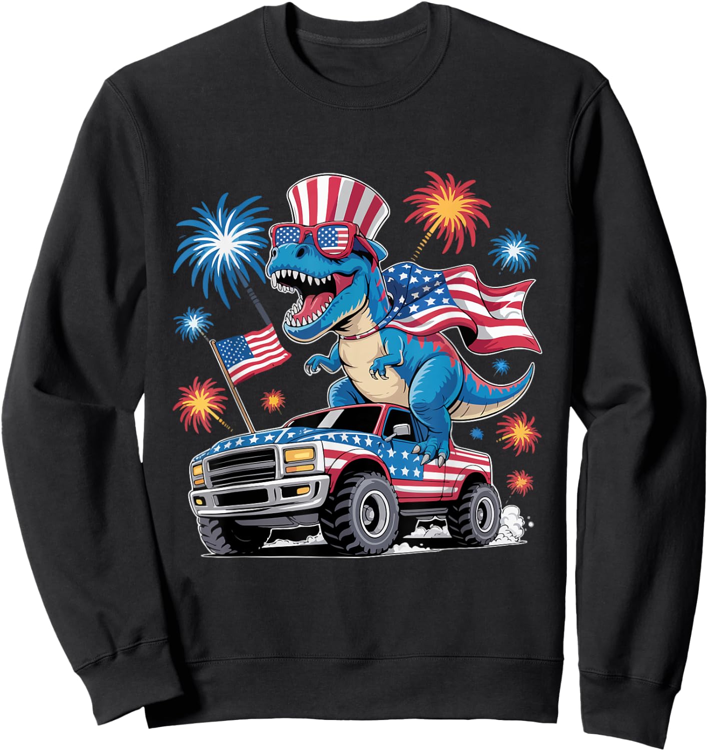 Dinosaur 4th Of July T Rex Dinosaur Truck Dino Sweatshirt - Sweatshirt | Black