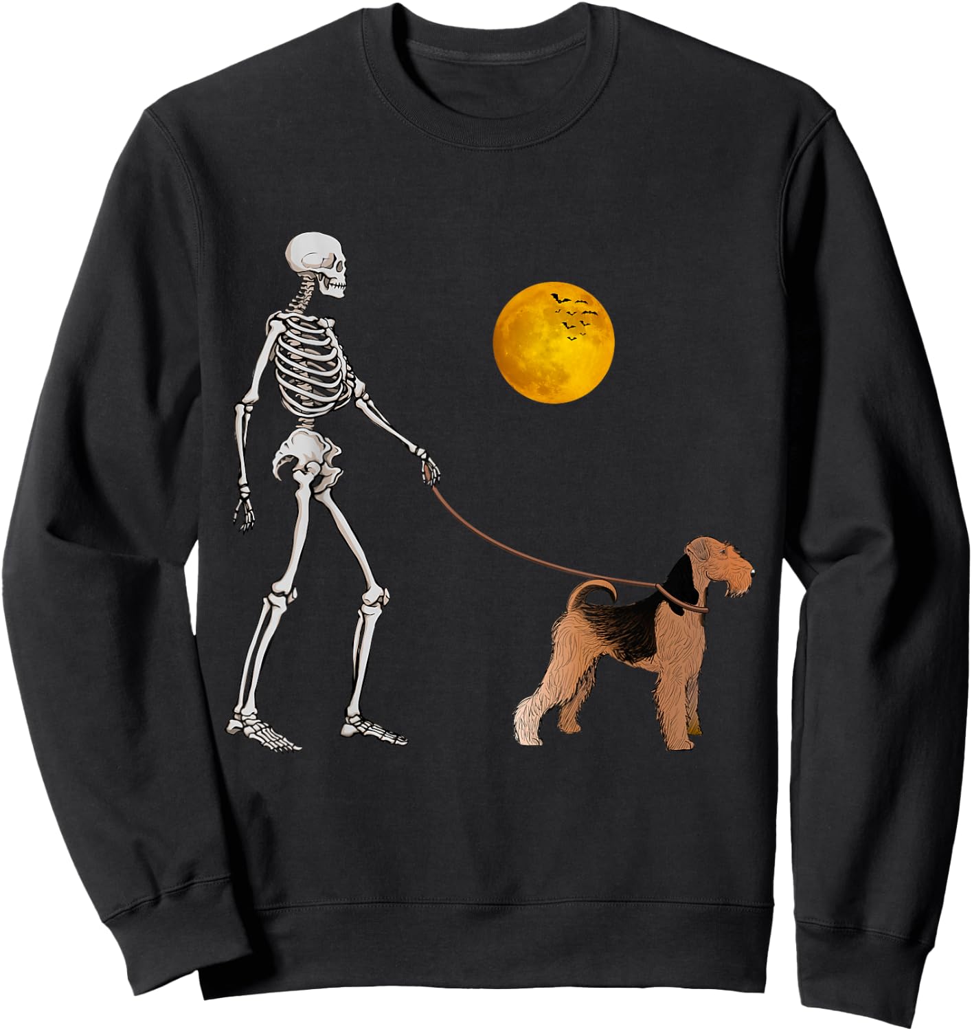 Airedale Terrier Skeleton Dog Walking Halloween Costume Sweatshirt - Sweatshirt | Black