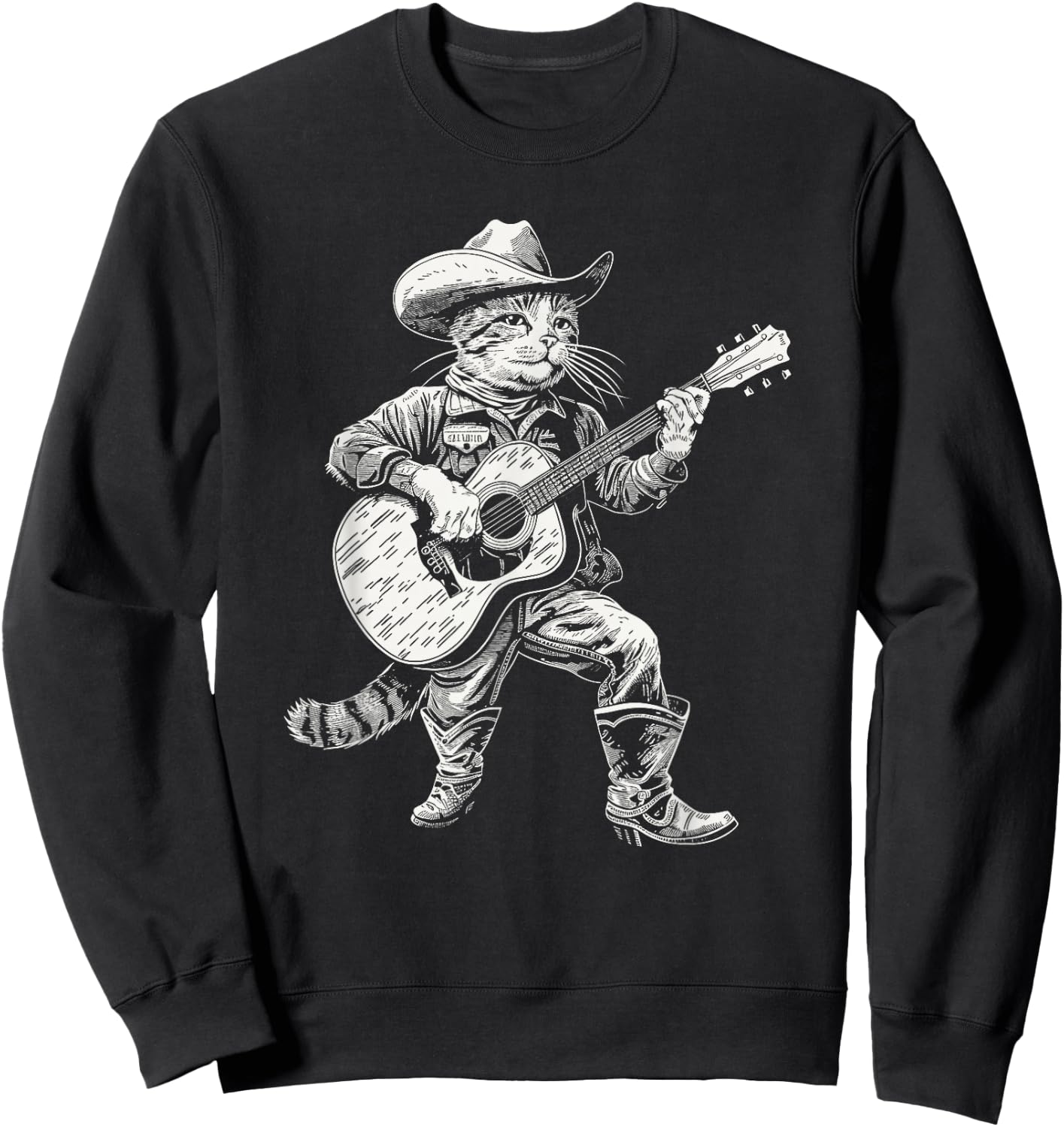 Cowboy Cat Playing Guitar Funny Country Music Loving Cat Sweatshirt - Sweatshirt | Black