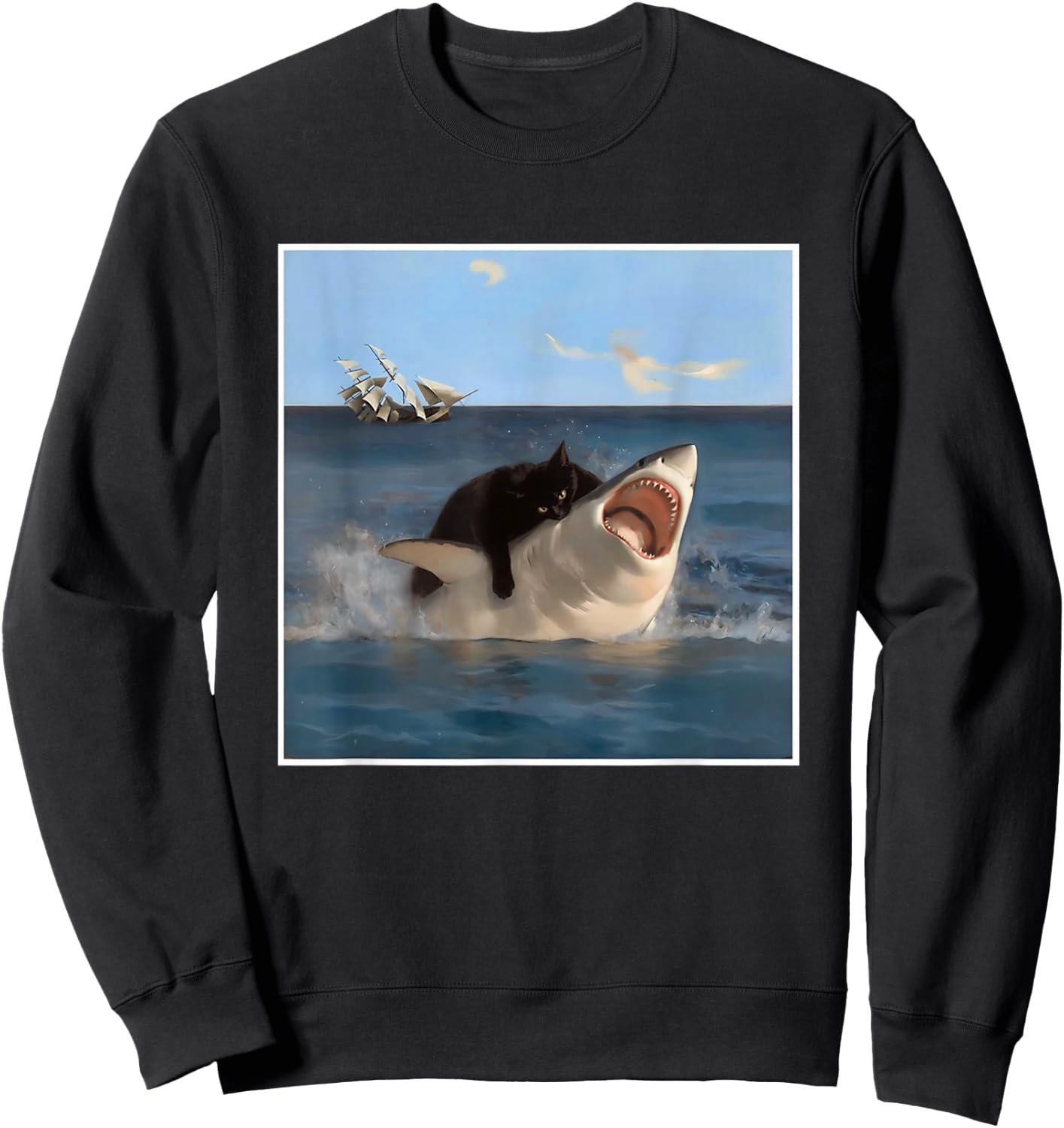 Funny Art & Cat Lover Quote Cat Biting Shark Cool Fat Cat Sweatshirt - Sweatshirt | Black
