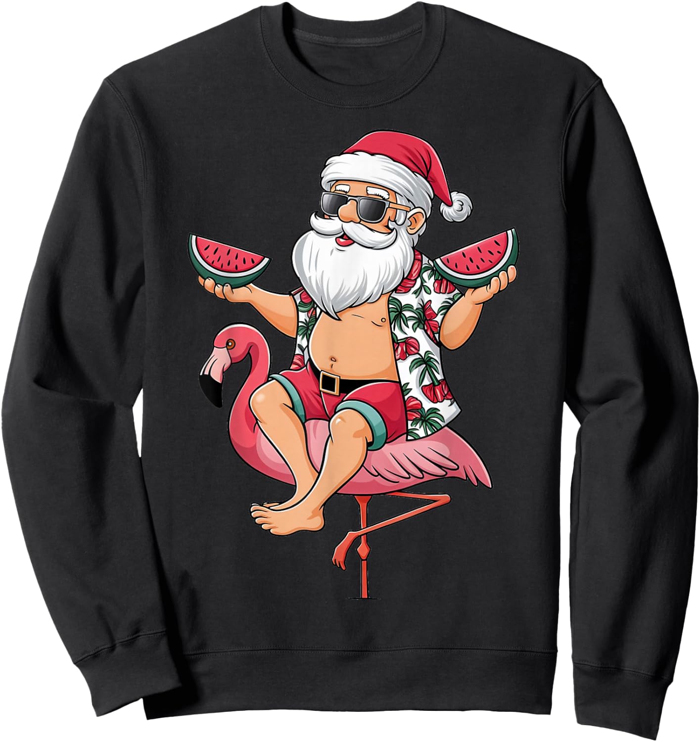 Santa Flamingo Floatie Christmas In July Watermelon Summer Sweatshirt - Sweatshirt | Black