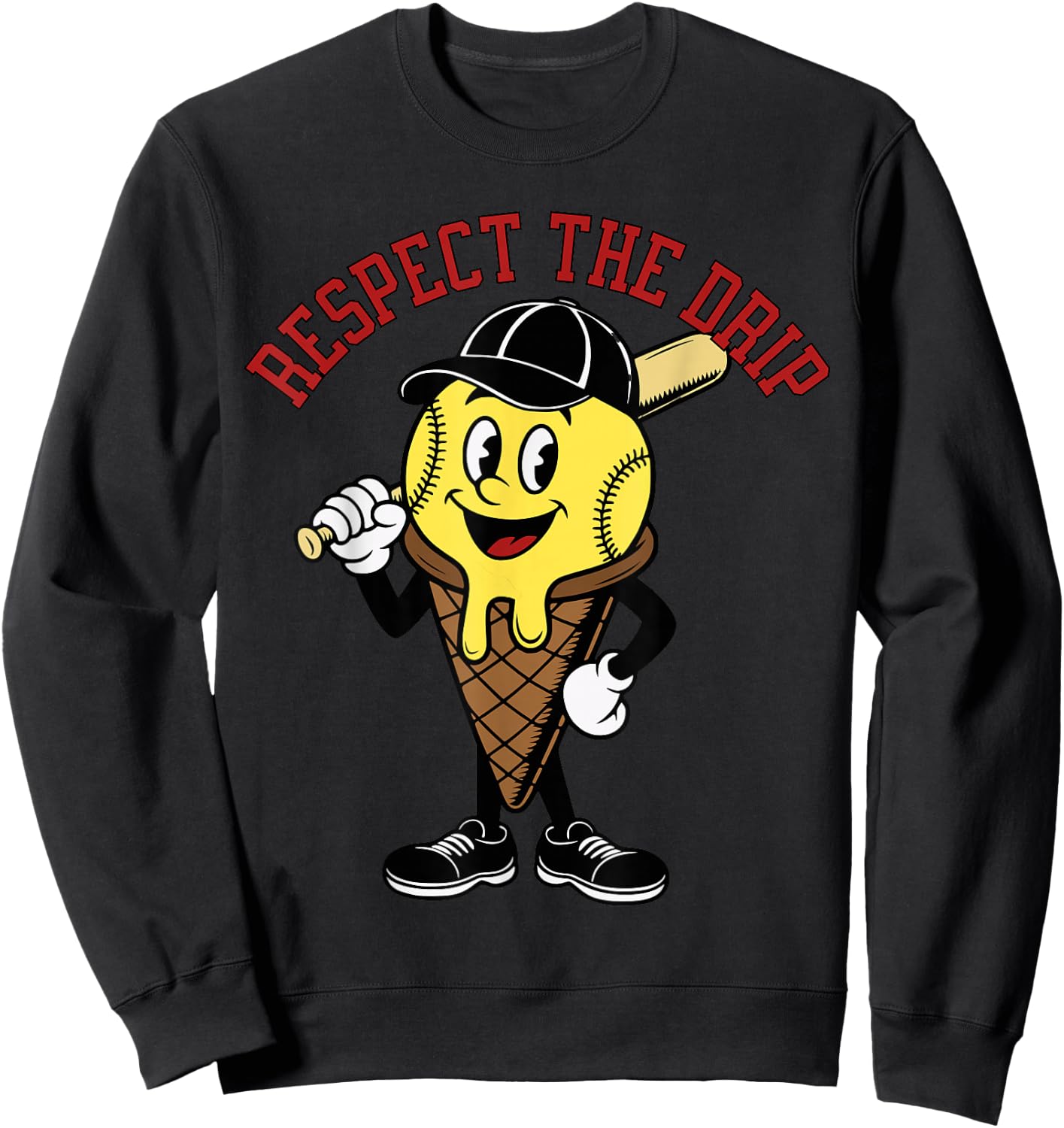 Baseball Ice Cream Drip Mascotte Retro Sweatshirt - Sweatshirt | Black