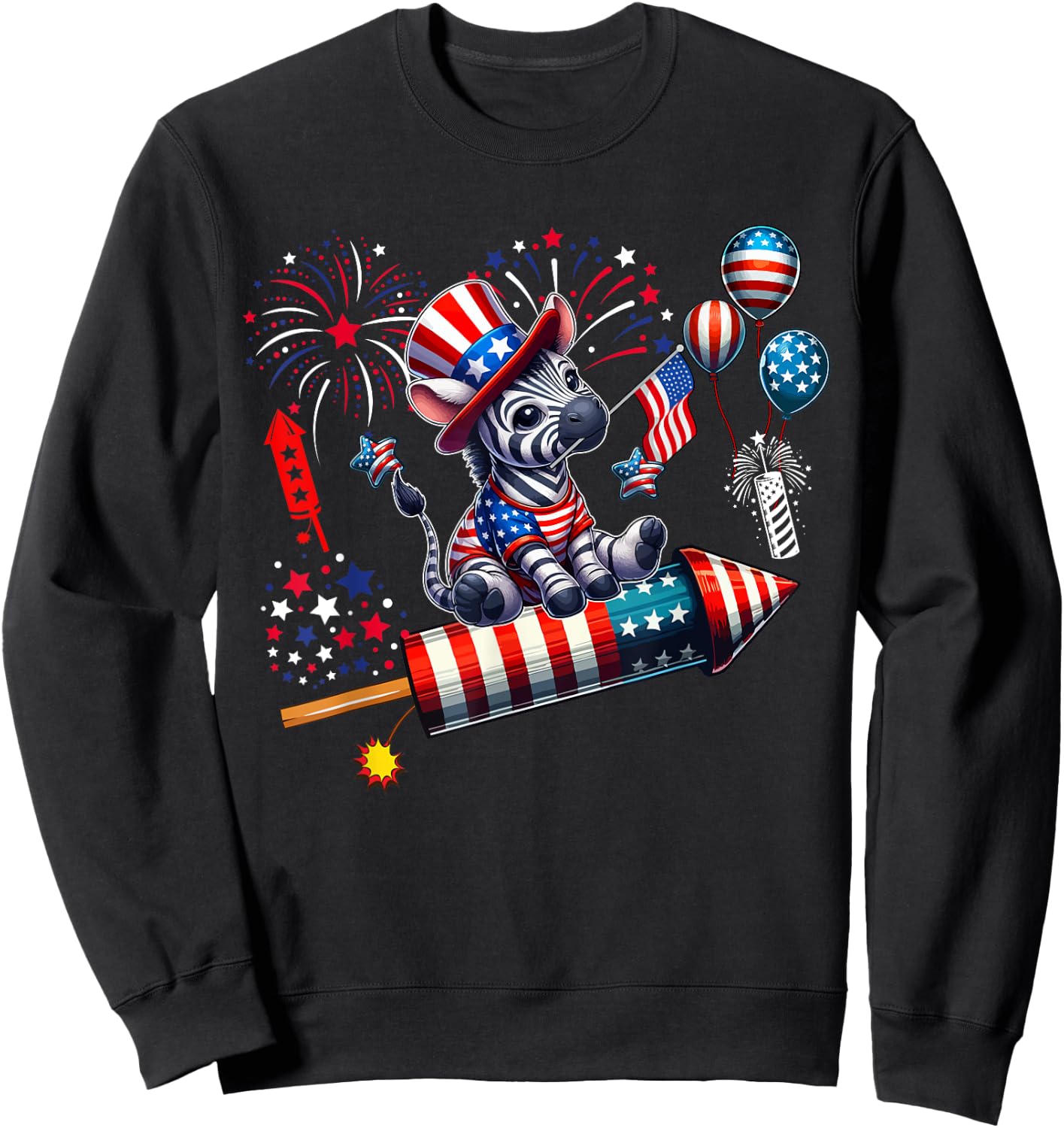 Zebra Riding Firecracker US Flag 4th Of July Fireworks Women Kids Men Sweatshirt - Sweatshirt | Black