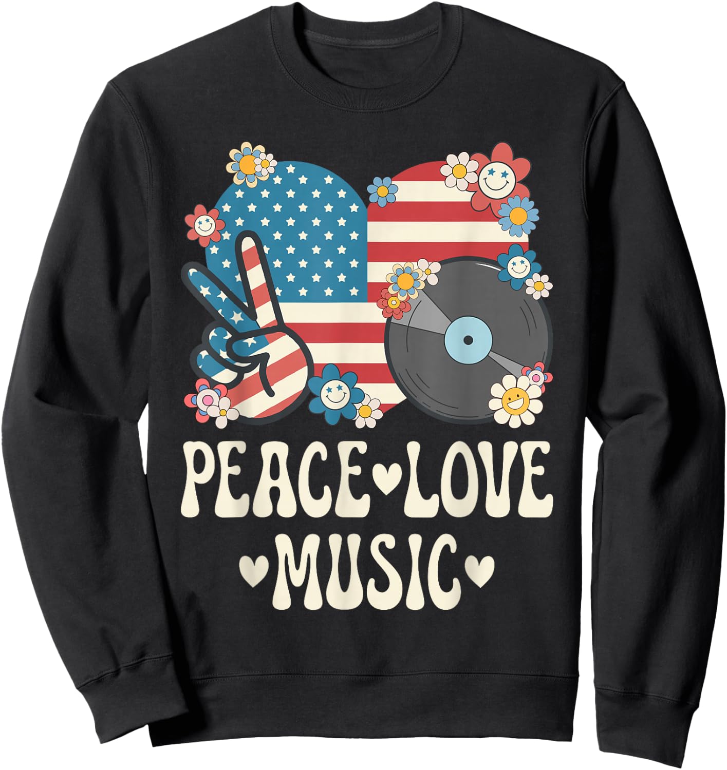 Peace Love Music American Flag Patriotic Men Women Musician Sweatshirt - Sweatshirt | Black